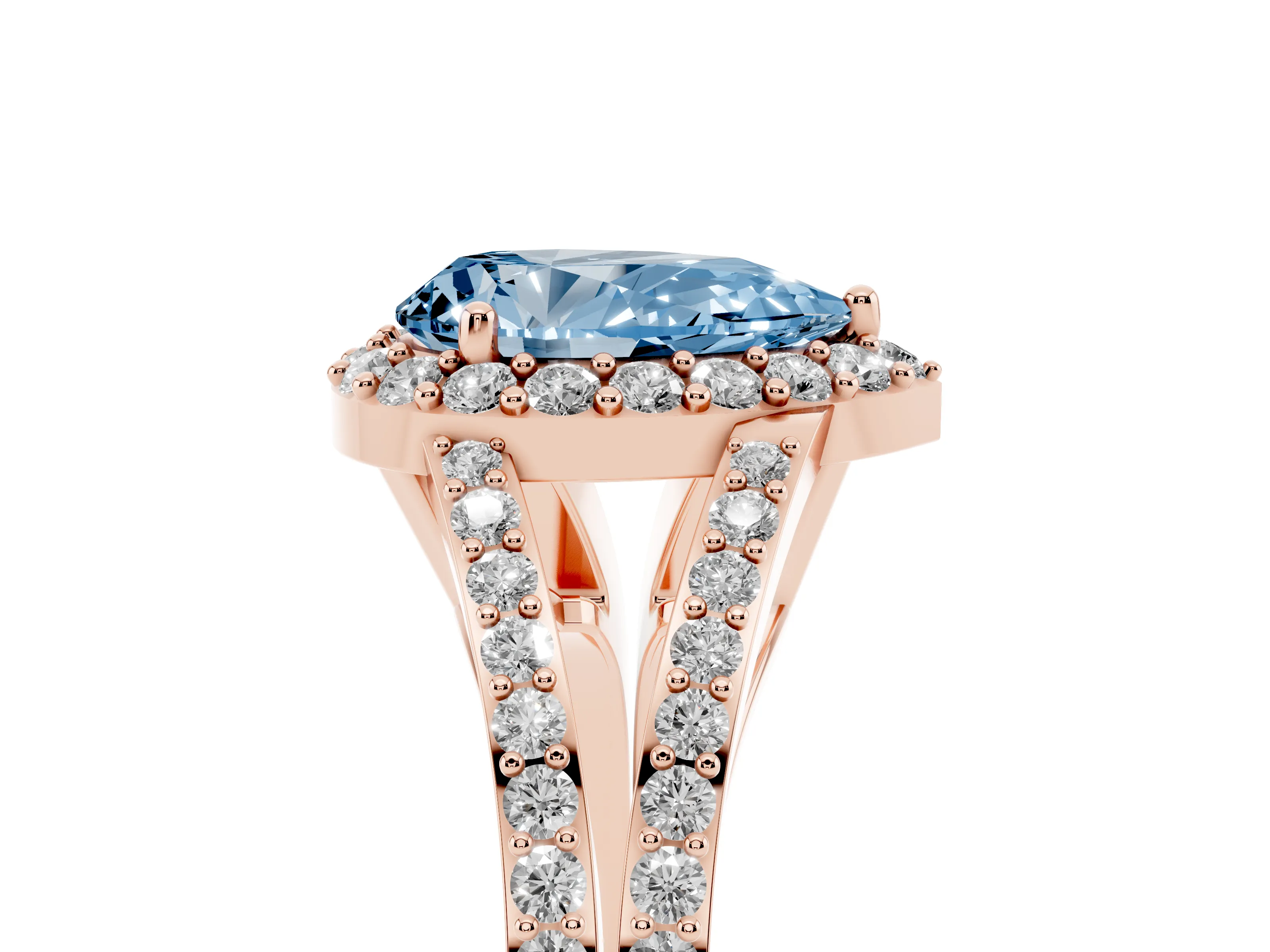 Fancy Blue Pear Cut Diamond Halo Split Shank Pavé Ring Set in Rose gold with Prong Setting