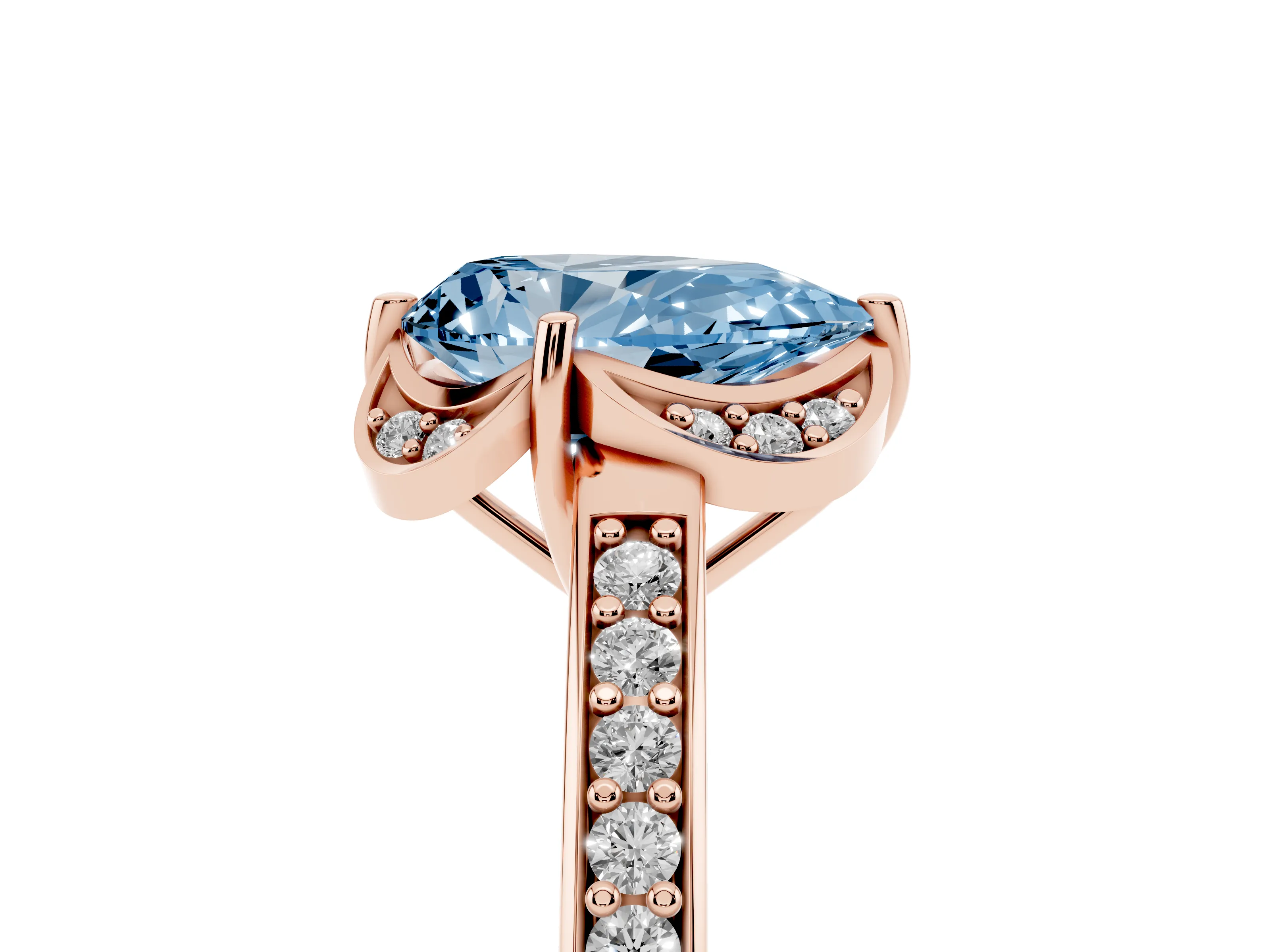 Fancy Blue Pear Cut Diamond Halo Ring Set in Rose gold with Channel Set Band and Prong Setting