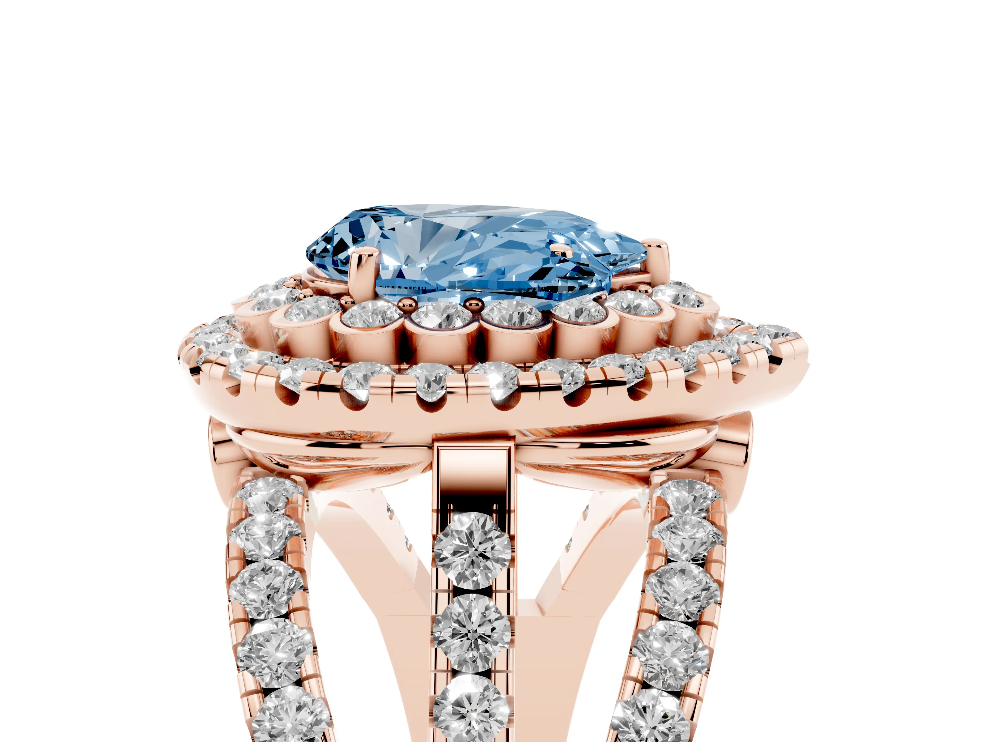 Fancy Blue Pear Cut Diamond Double Halo Ring Set in Rose gold with Round Pavé Split Shank