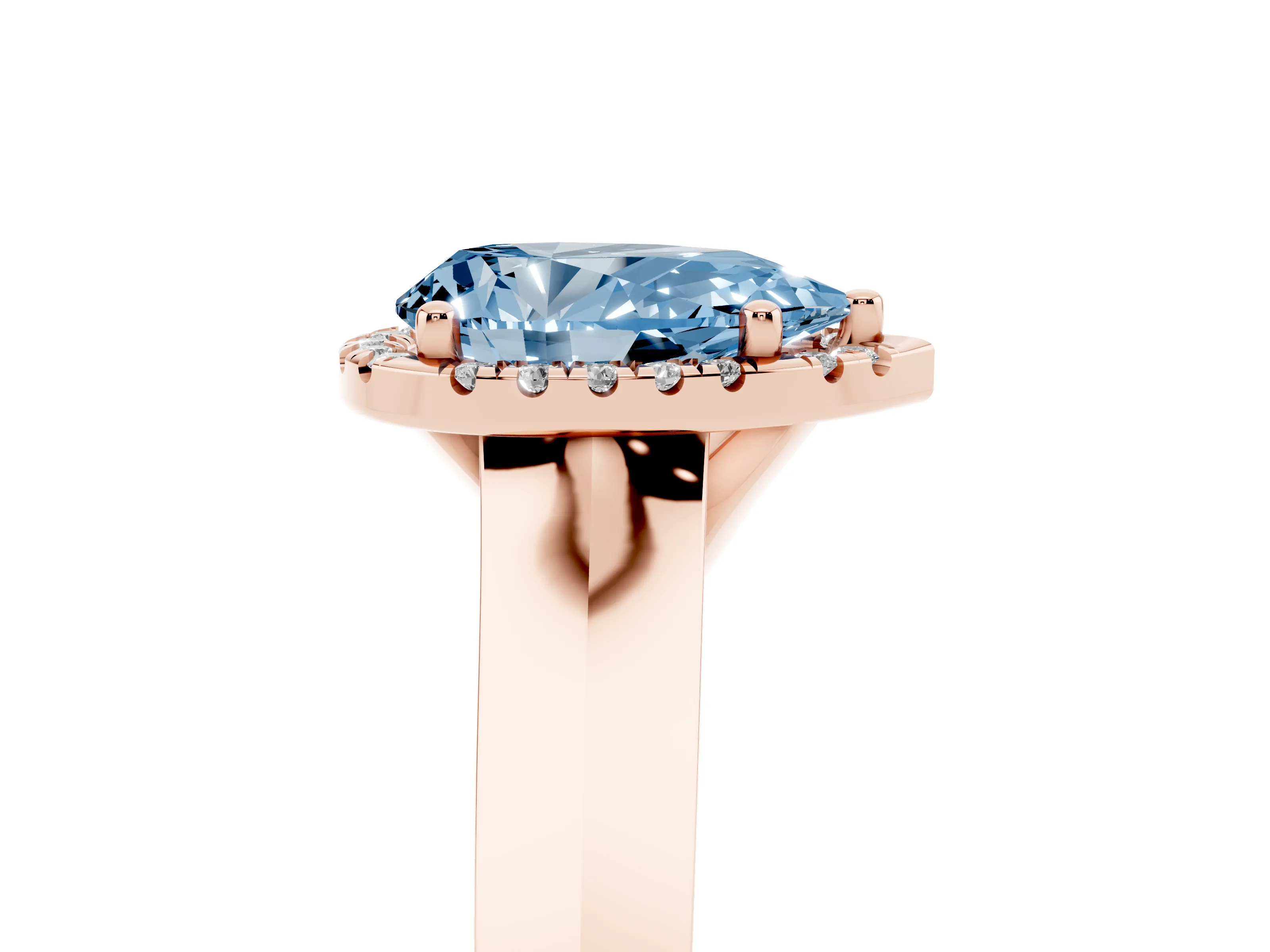 Fancy Blue Pear Cut Diamond Halo Ring Set in Rose gold with Cathedral Band and Prong Setting