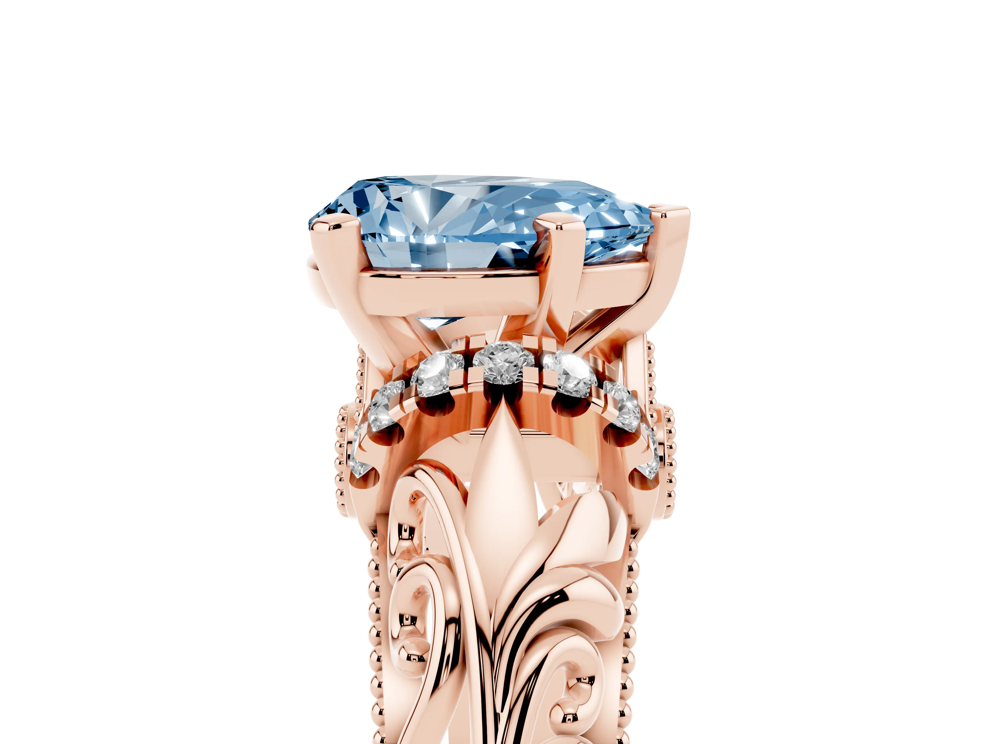 Fancy Blue Pear Cut Diamond Filigree Halo Engagement Ring Set in Rose gold with Prong Setting