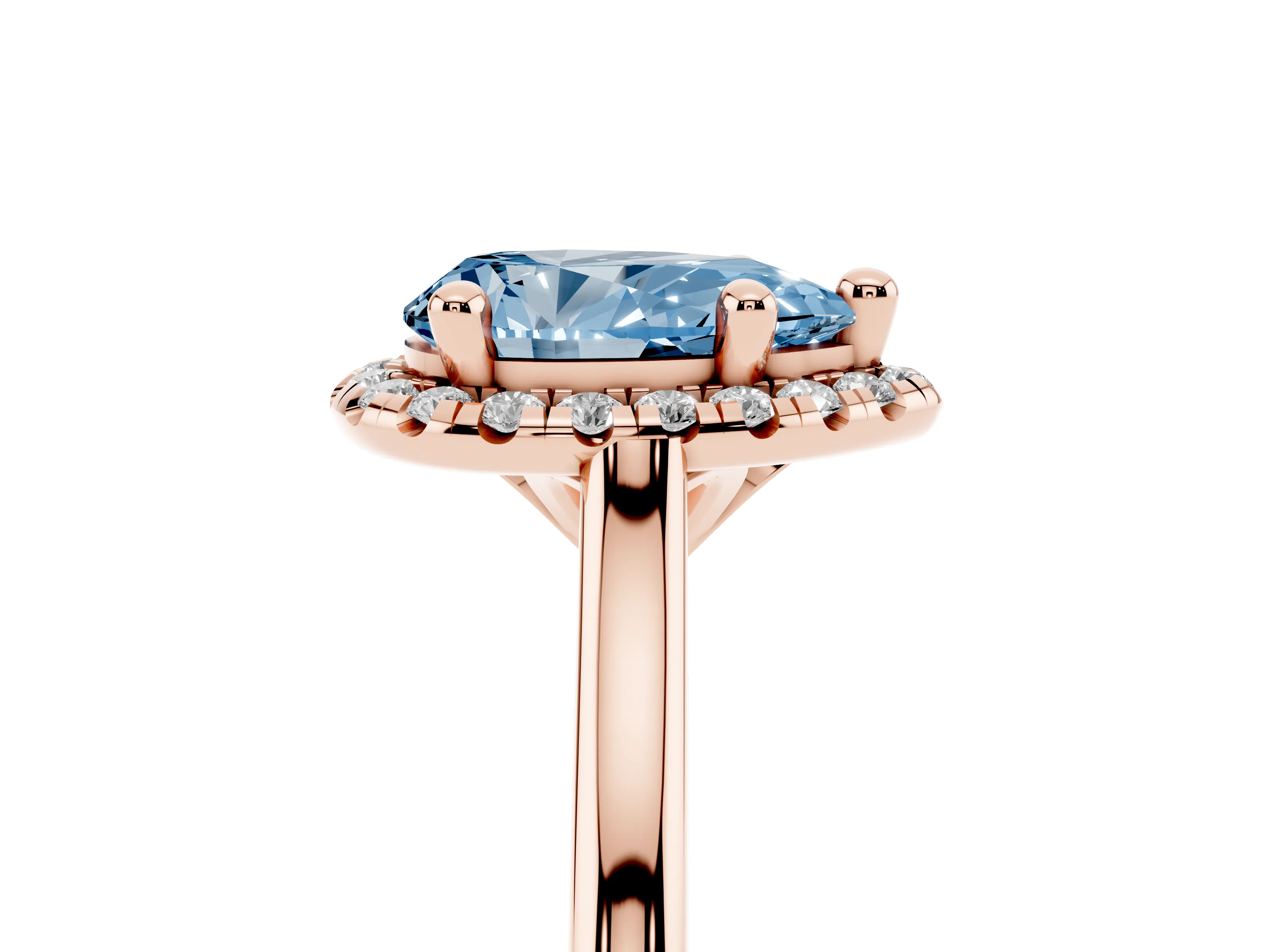 Fancy Blue Pear Cut Diamond Halo Engagement Ring Set in Rose gold with Pavé Band and Rising Shoulders