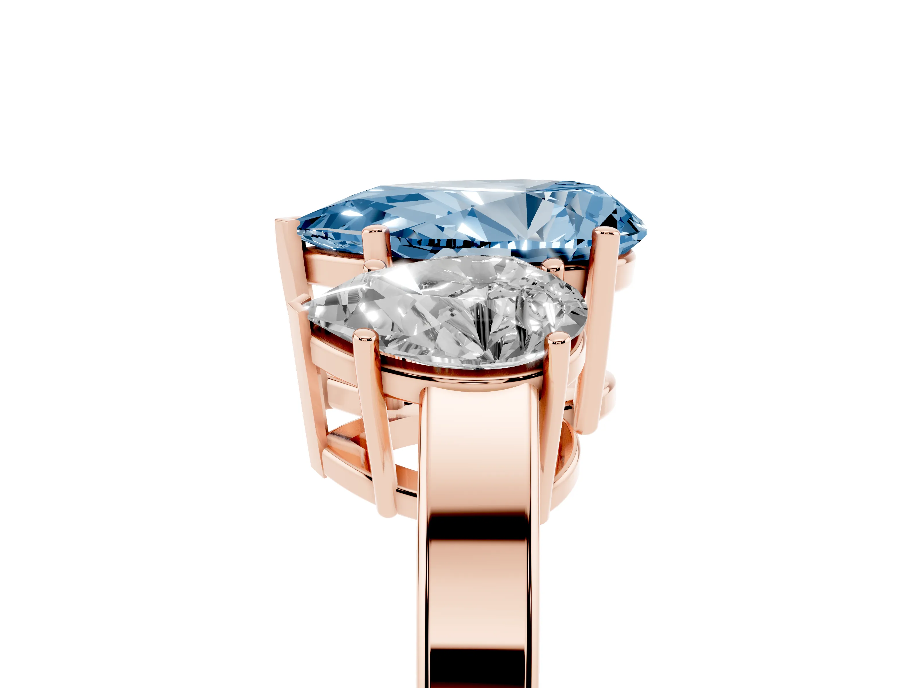Fancy Blue Pear Cut Diamond Three-Stone Engagement Ring Set in Rose gold with Flat Band