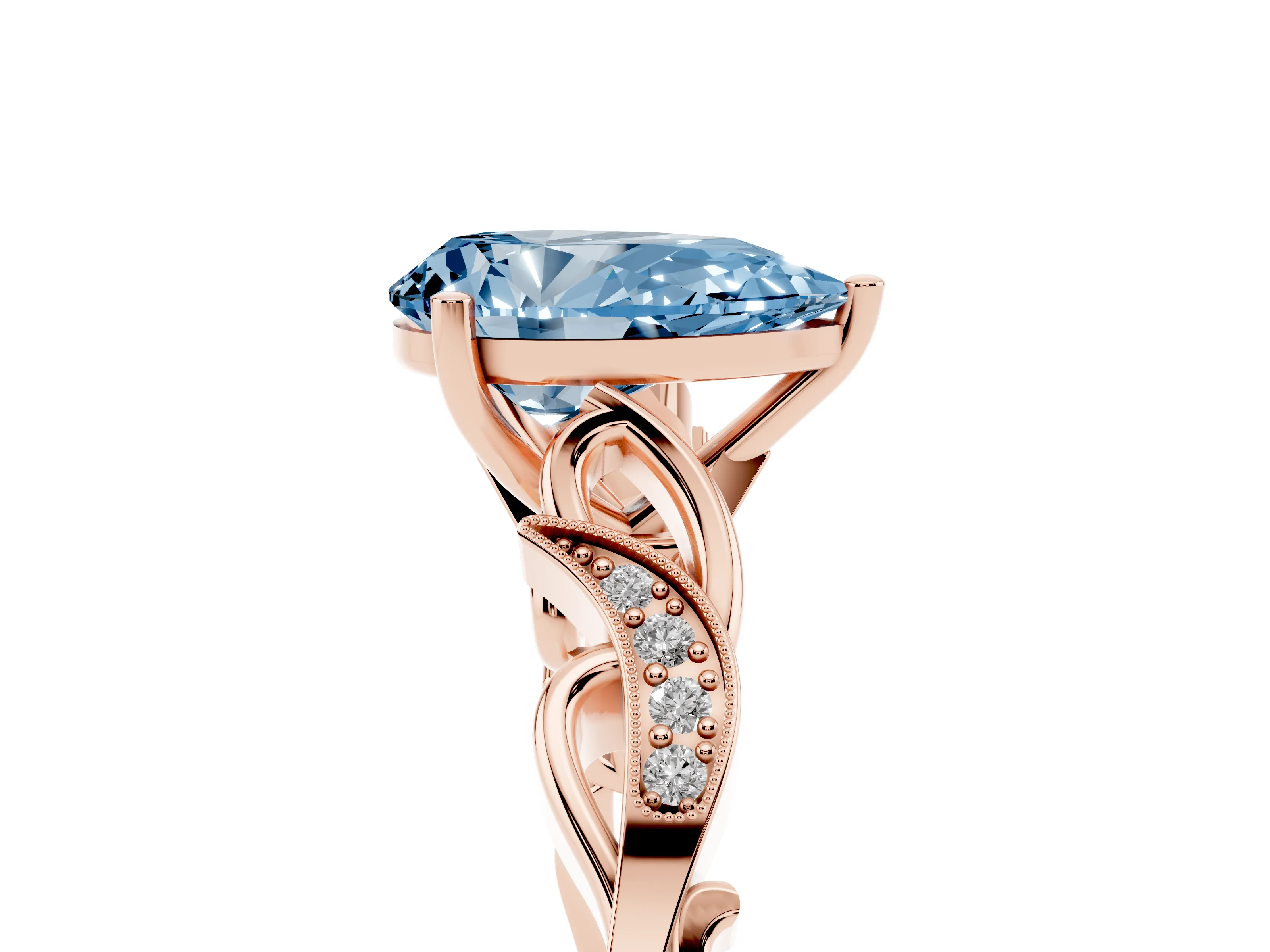 Fancy Blue Pear Cut Diamond Vine Band Solitaire Ring Set in Rose gold with Milgrain Prong Setting