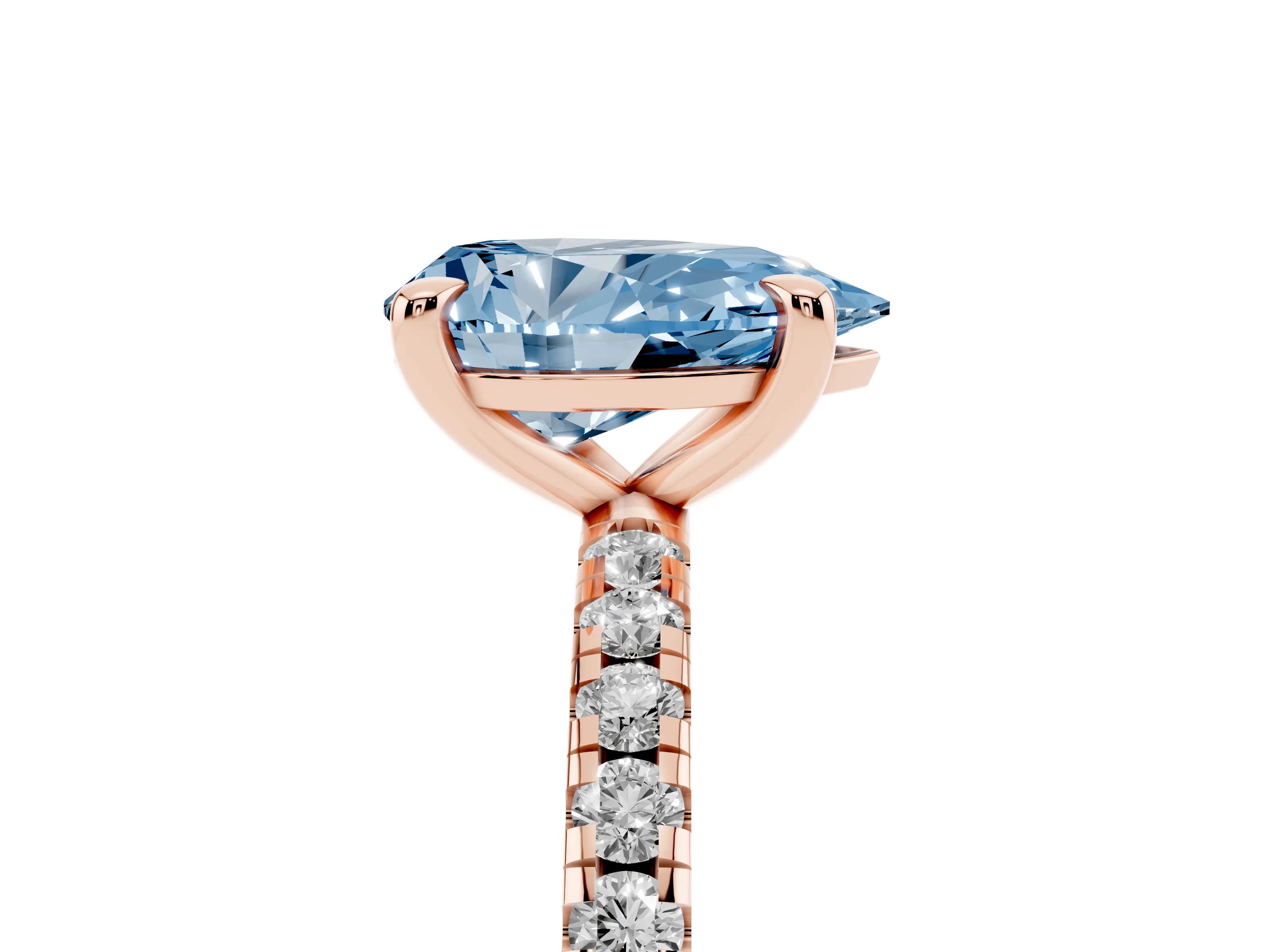 Fancy Blue Pear Cut Diamond Brilliant Solitaire Ring Set in Rose gold with Pavé Band and Prong Setting