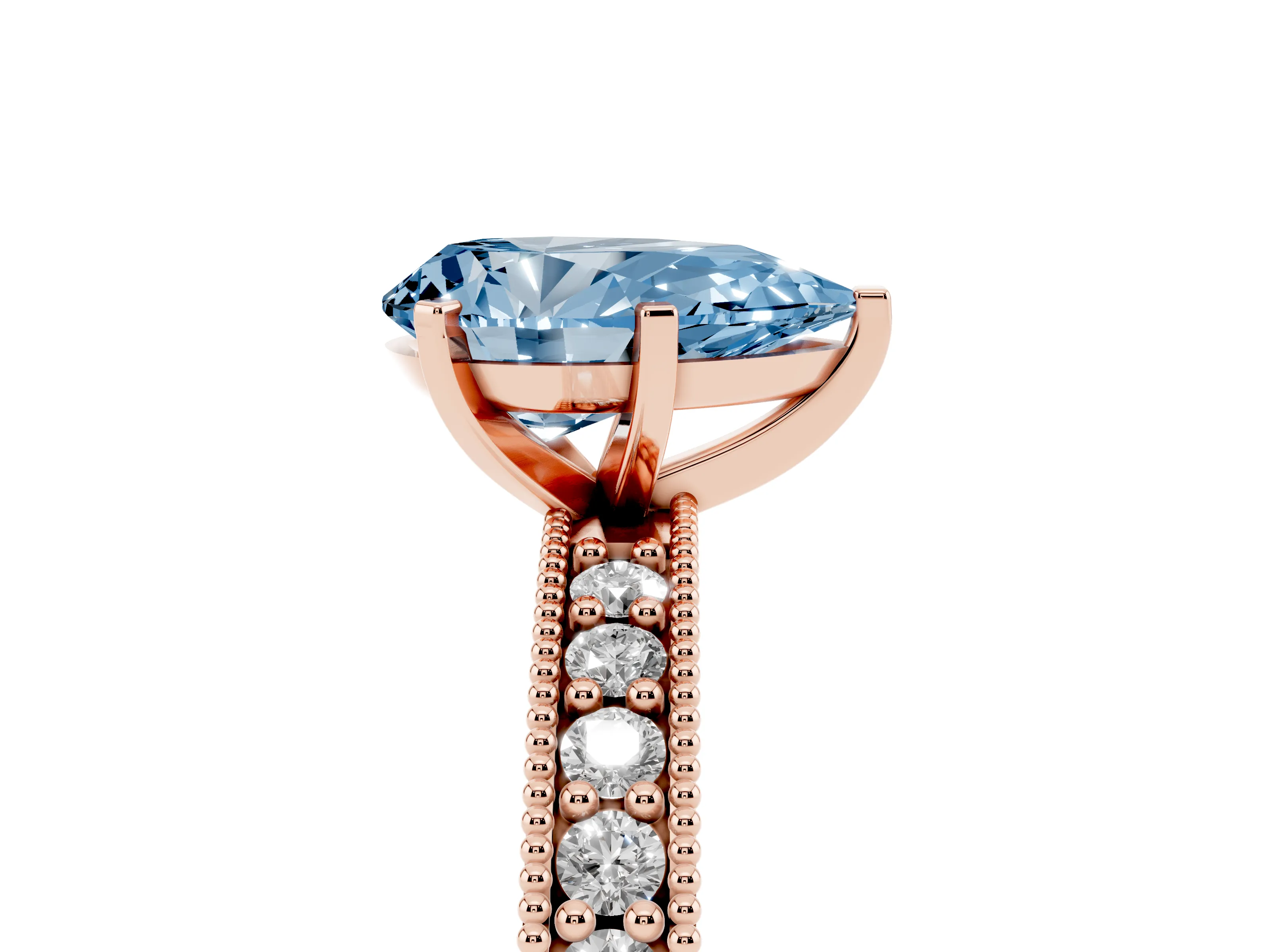 Fancy Blue Pear Cut Diamond Milgrain Pavé Engagement Ring Set in Rose gold with Prong Setting