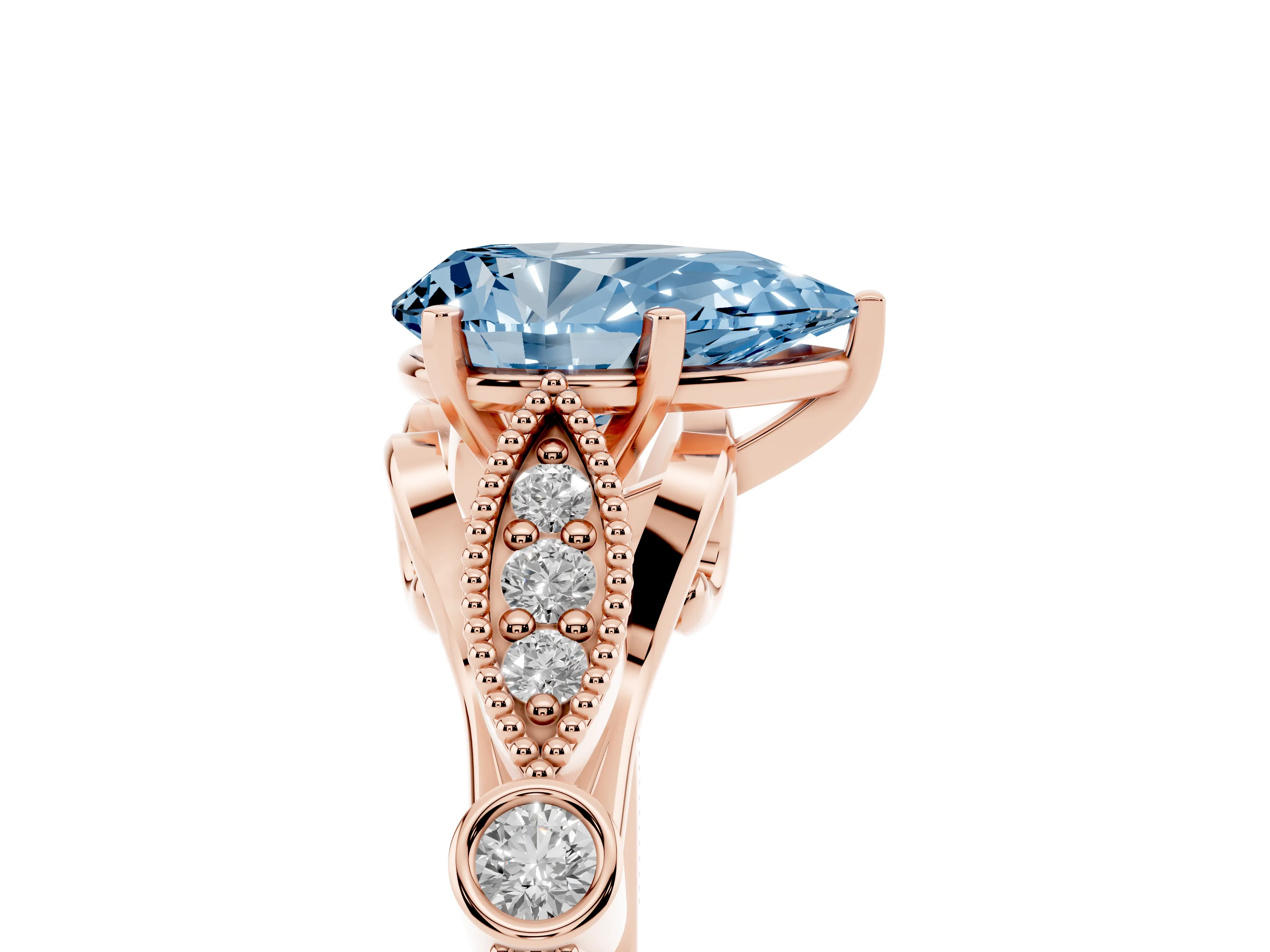Fancy Blue Pear Cut Diamond Solitaire Ring Set in Rose gold with Milgrain Marquise and Bezel Accents