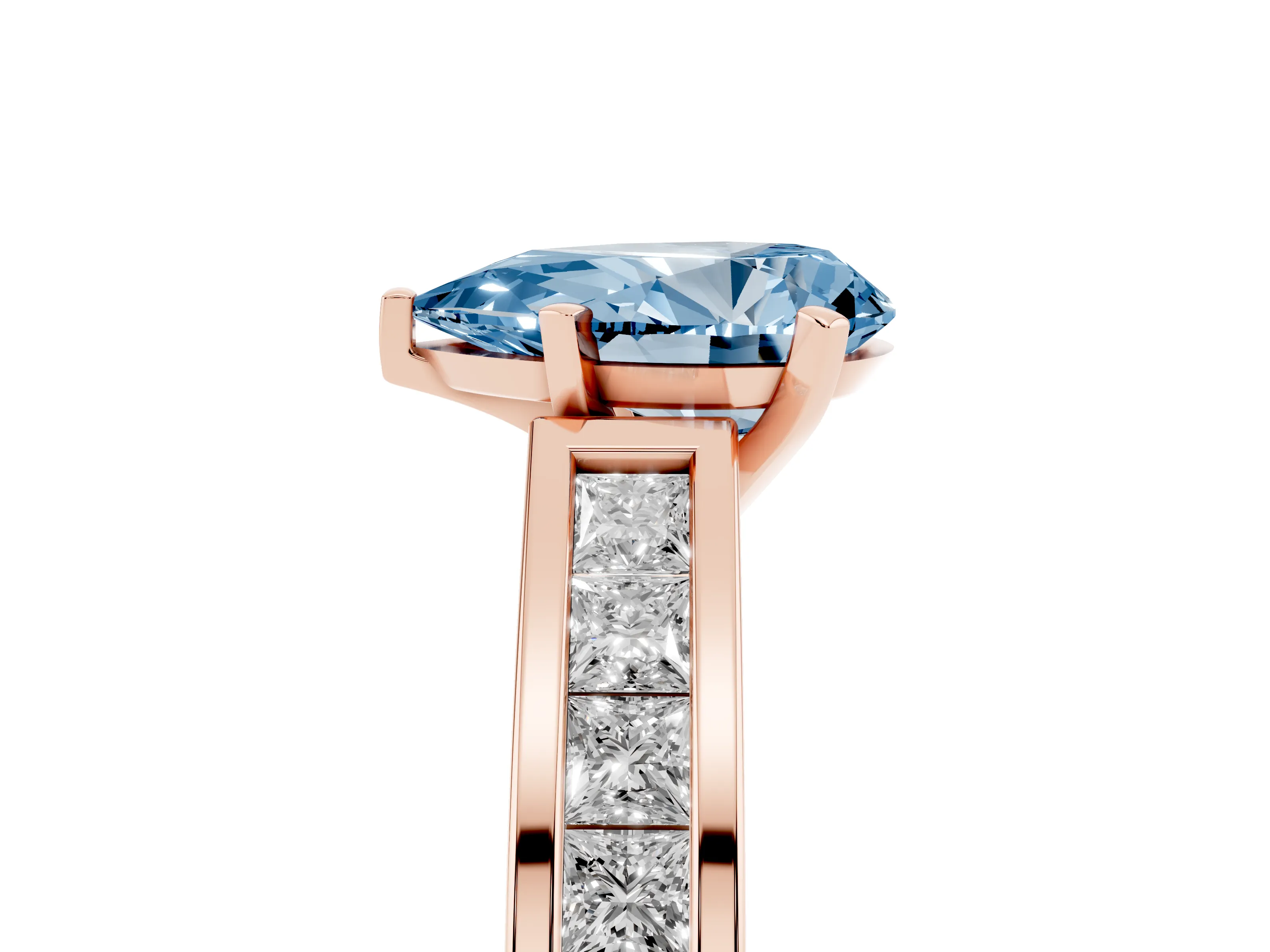 Fancy Blue Pear Cut Diamond Solitaire Ring Set in Rose gold with Channel-Set Band and Prong Setting