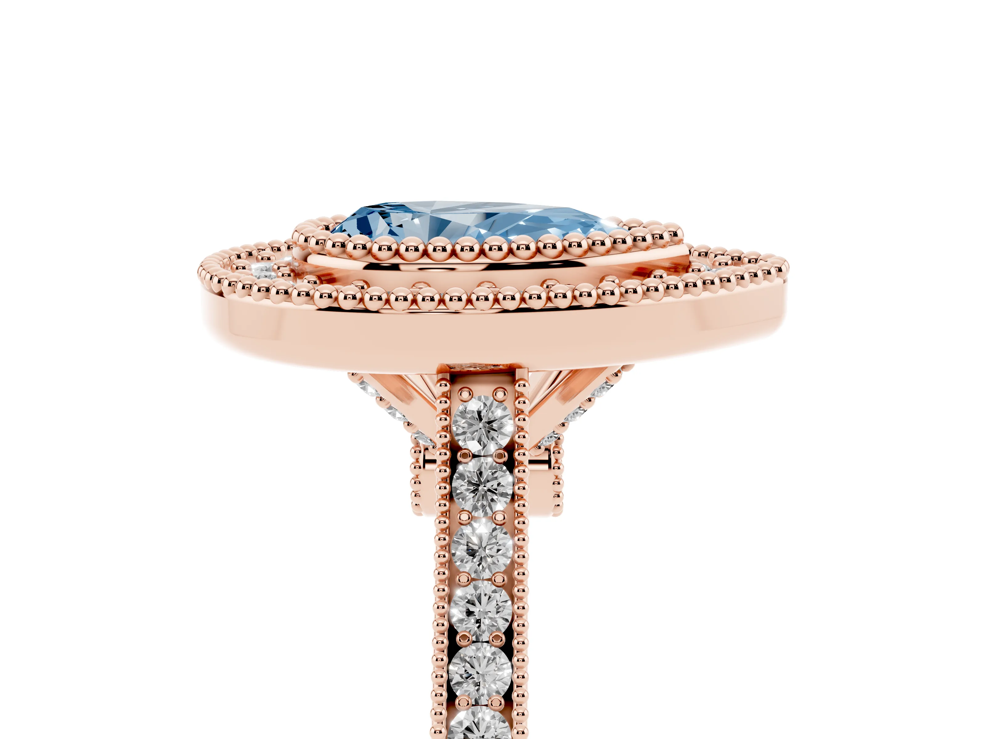 Fancy Blue Pear Cut Diamond Halo Ring Set in Rose gold with Milgrain Frame and Pavé Band