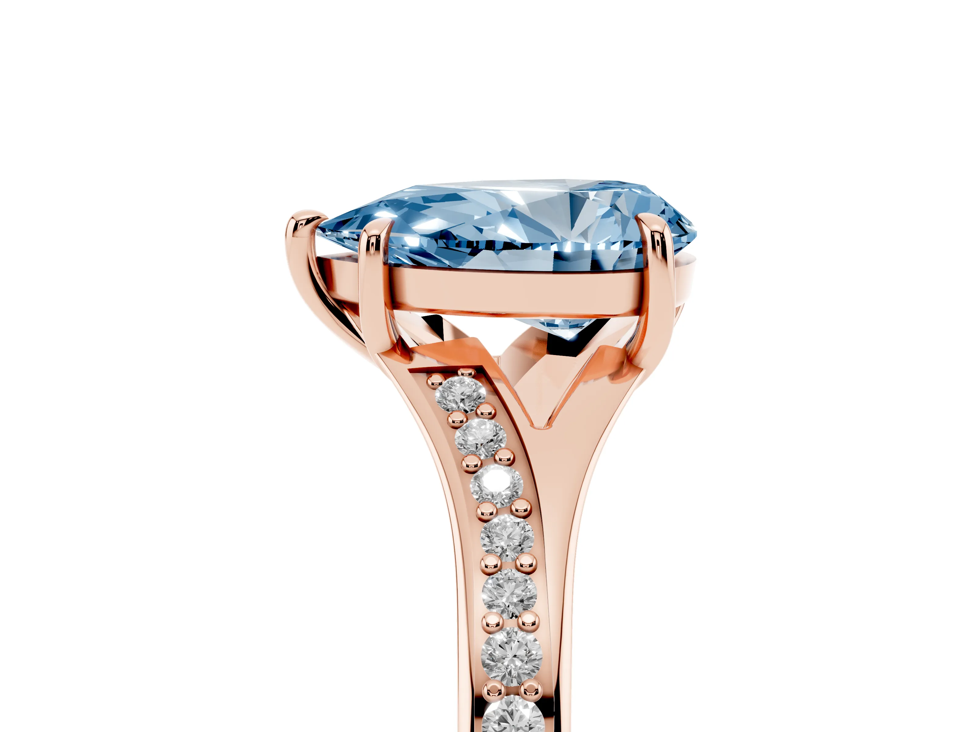 Fancy Blue Pear Cut Diamond Solitaire Ring Set in Rose gold with Pavé Accent Band and Classic Prong Setting