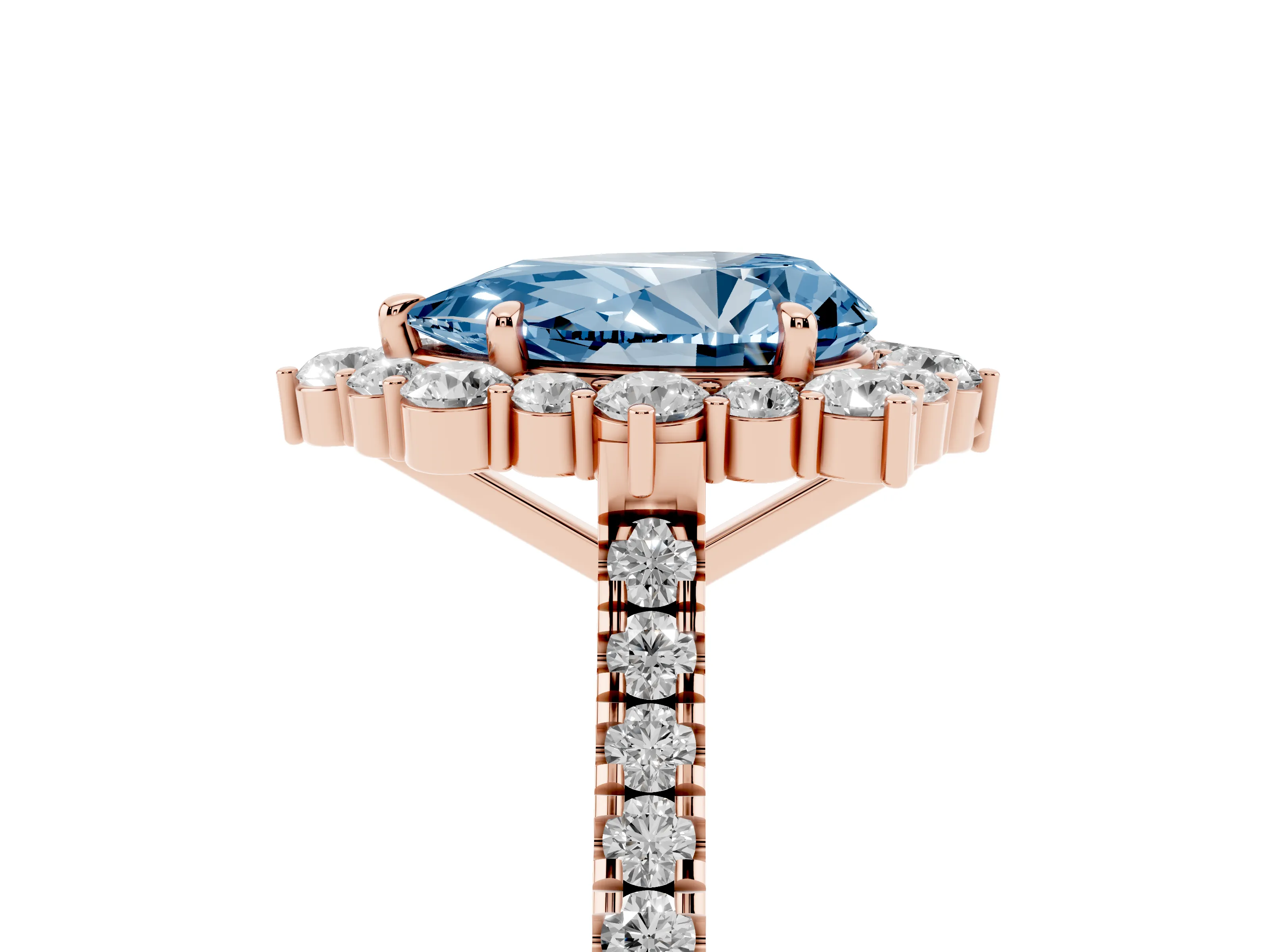 Fancy Blue Pear Cut Diamond Halo Ring Set in Rose gold with Pavé Band and Prong Setting