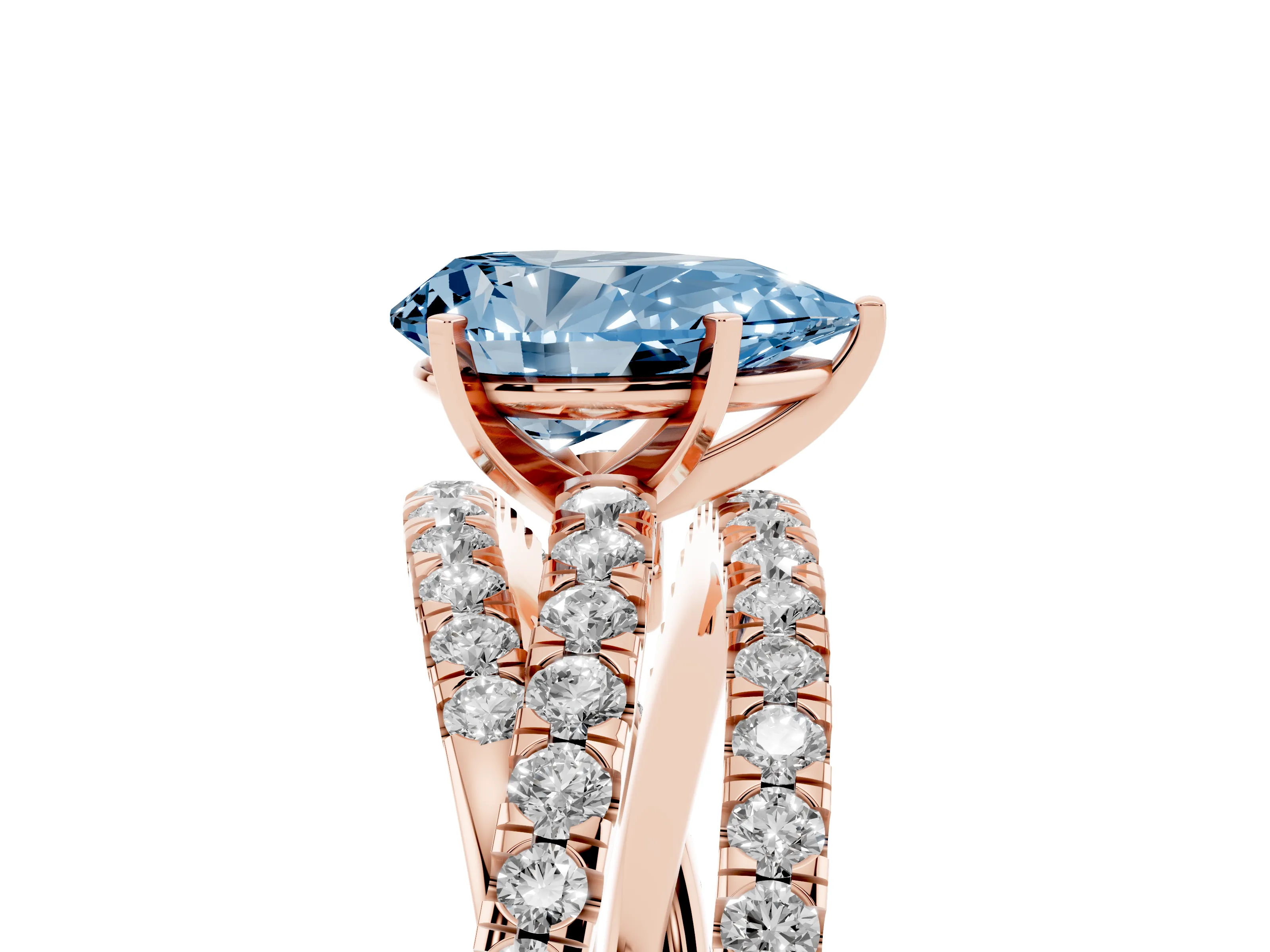 Fancy Blue Pear Cut Diamond Solitaire Twist Band Ring Set in Rose gold with Pavé Setting and Prong Head