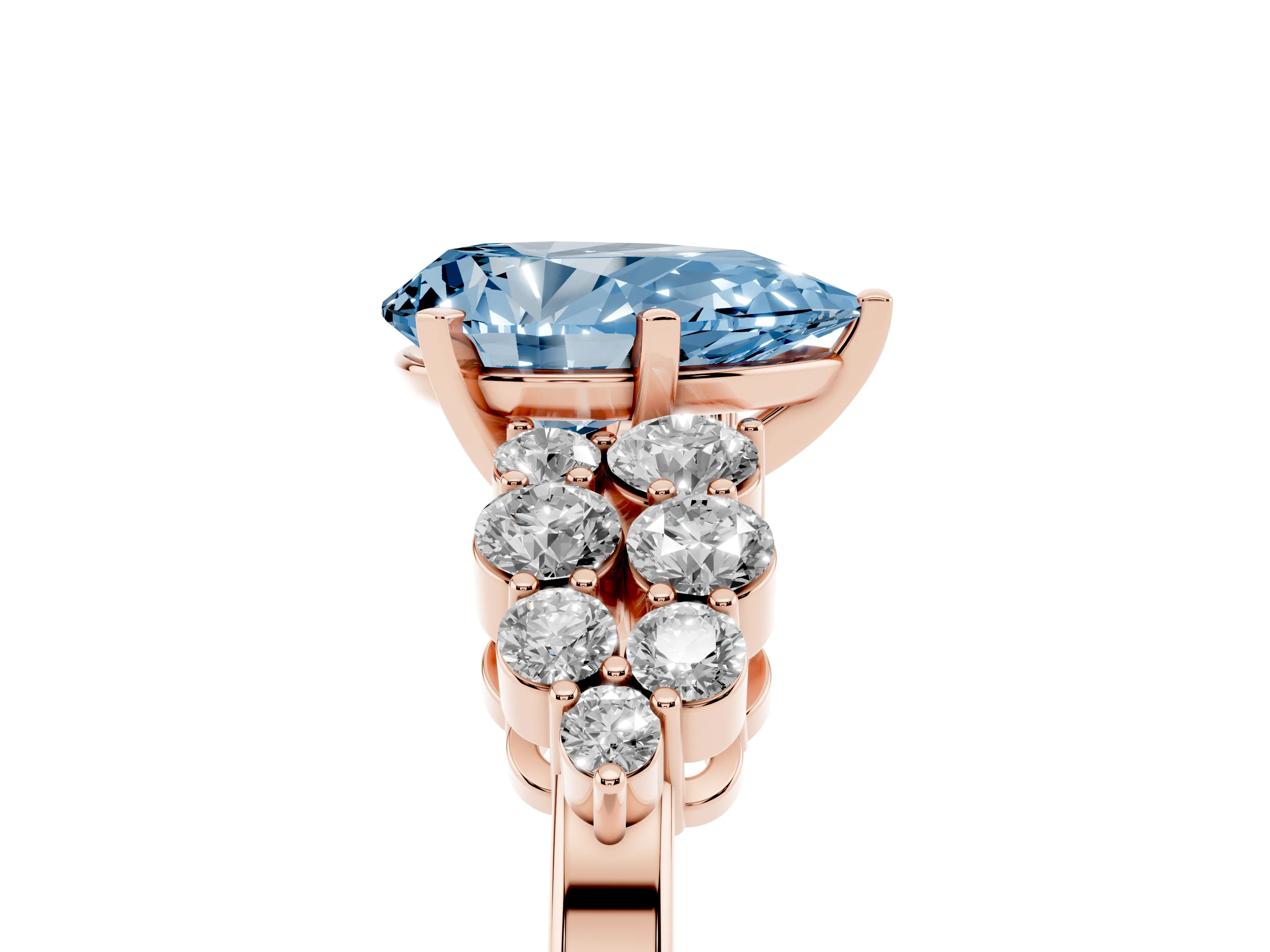 Fancy Blue Pear Cut Diamond Cluster Engagement Ring Set in Rose gold with Pavé Band and Prong Setting