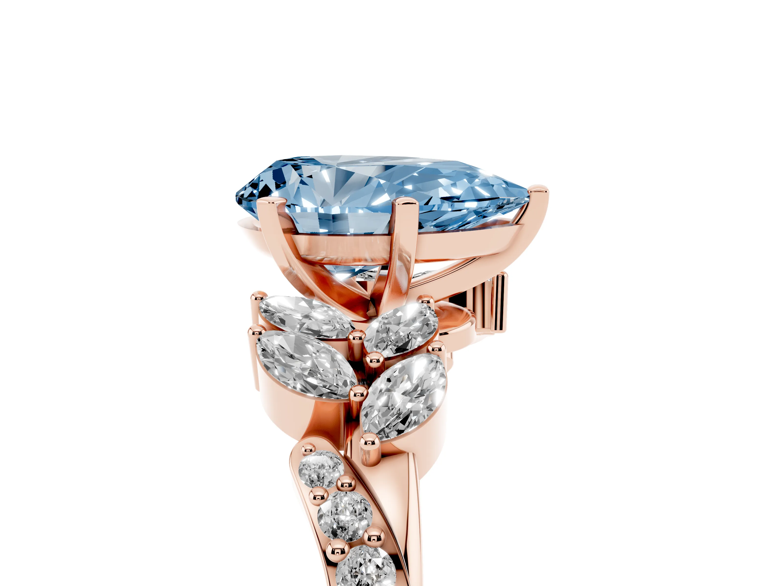 Fancy Blue Pear Cut Diamond Solitaire Ring Set in Rose gold with Marquise Twist Band and Prong Setting