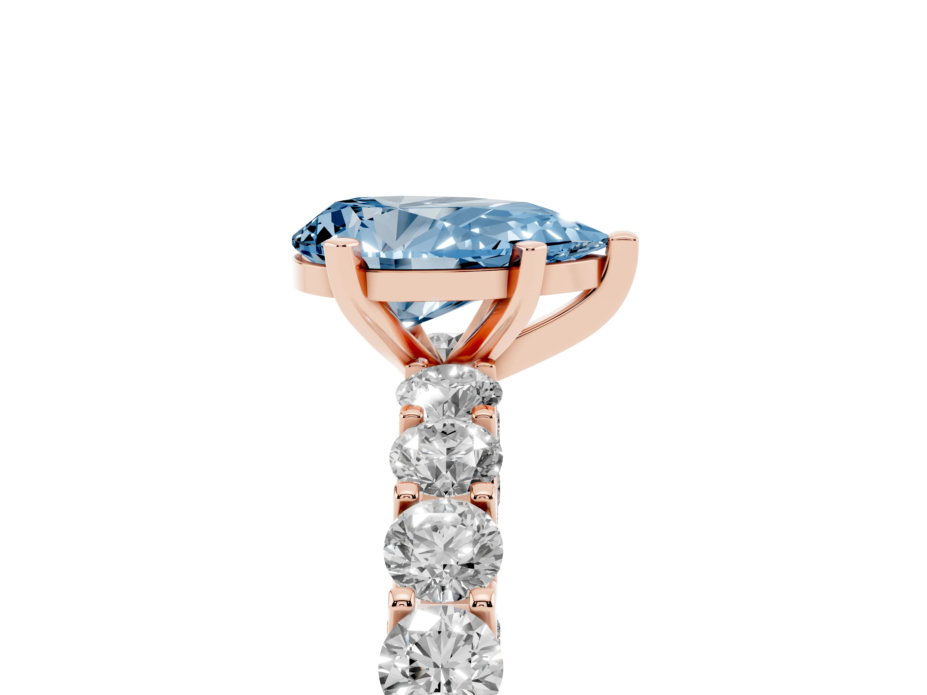 Fancy Blue Pear Cut Diamond Solitaire Ring Set in Rose gold with Shared Prong Pavé Band