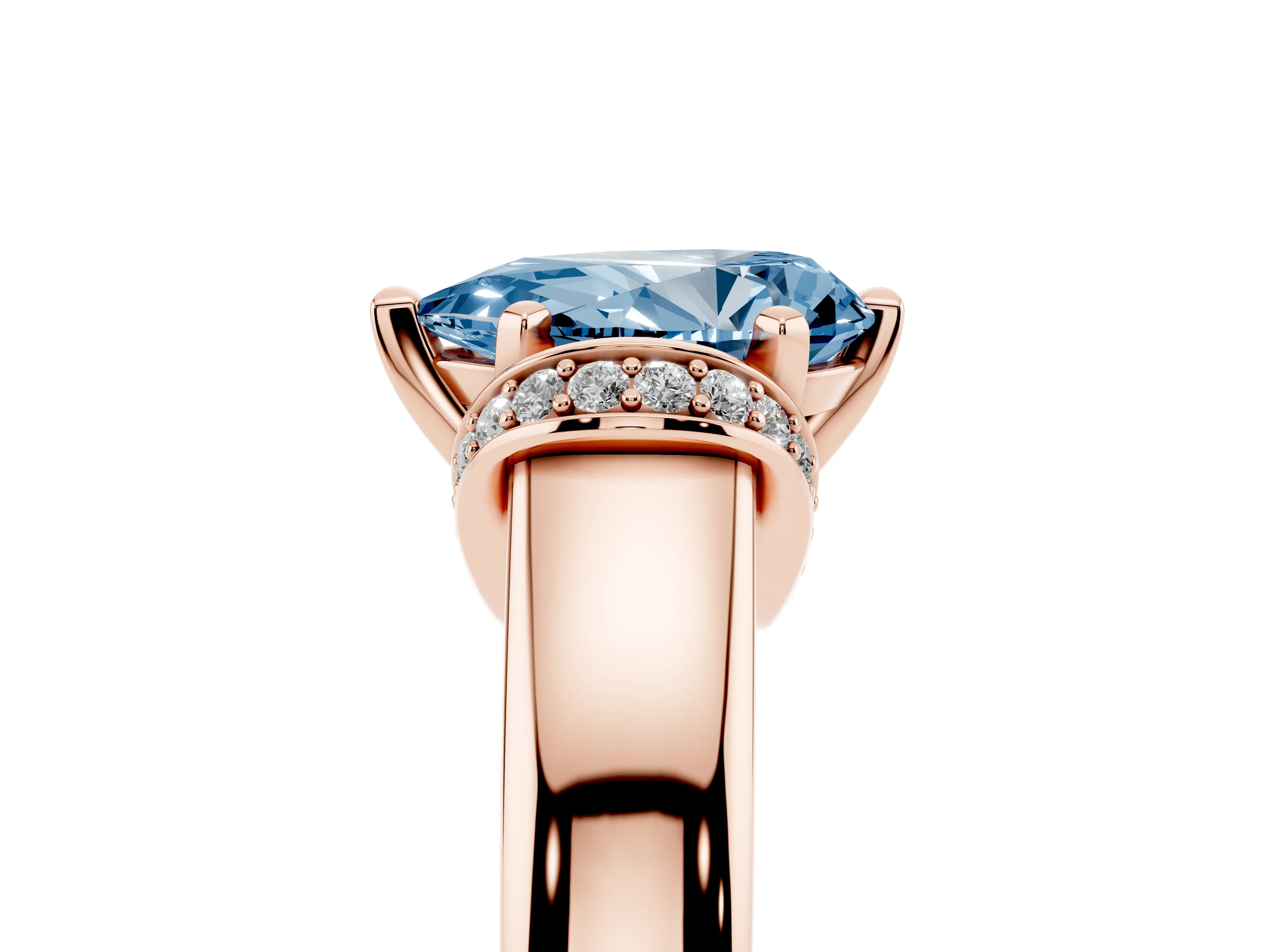 Fancy Blue Pear Cut Diamond Pavé Band Solitaire Ring Set in Rose gold with Prong Setting