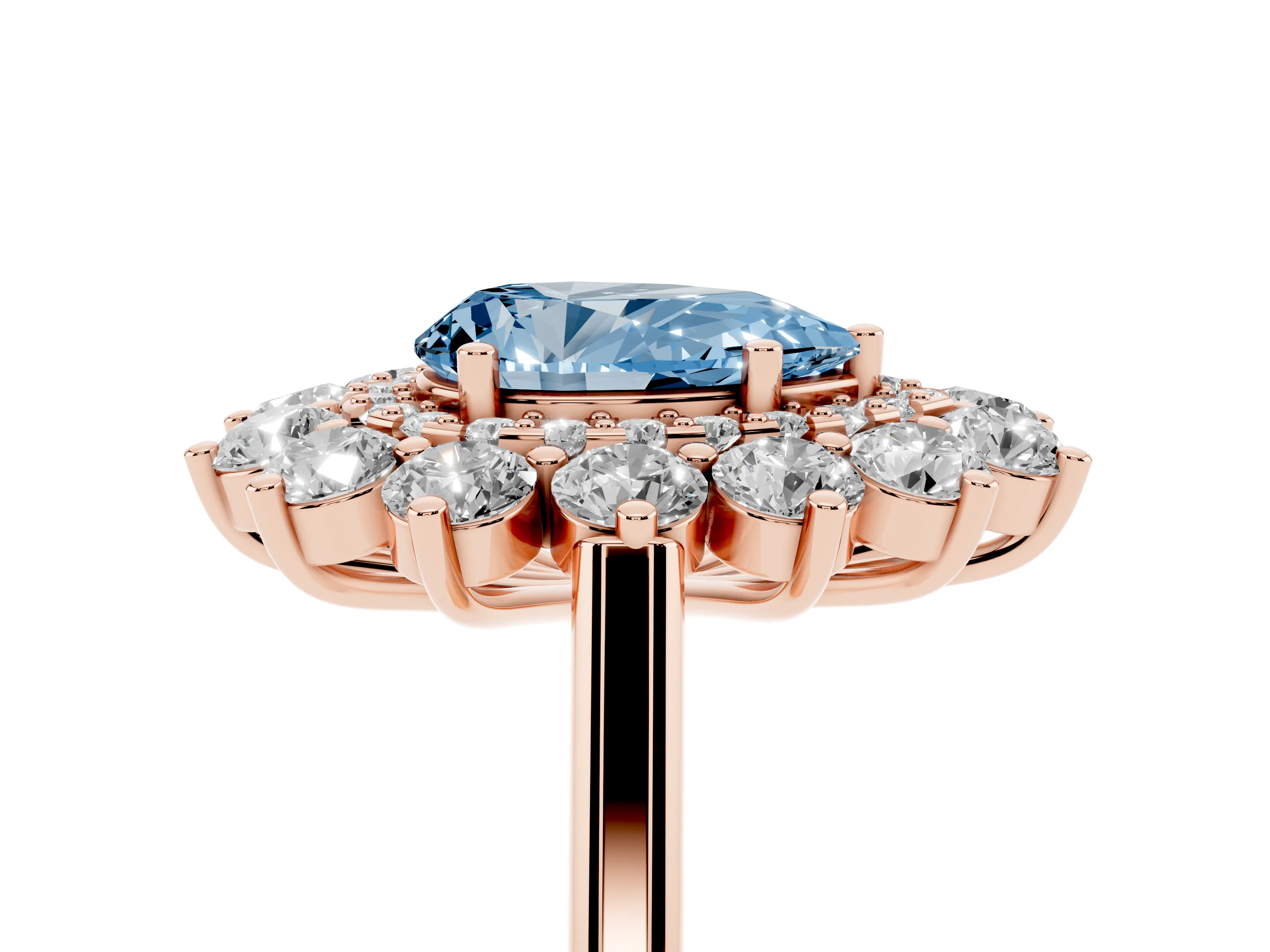 Fancy Blue Pear Cut Diamond Floral Double Halo Ring Set in Rose gold with Round Petals
