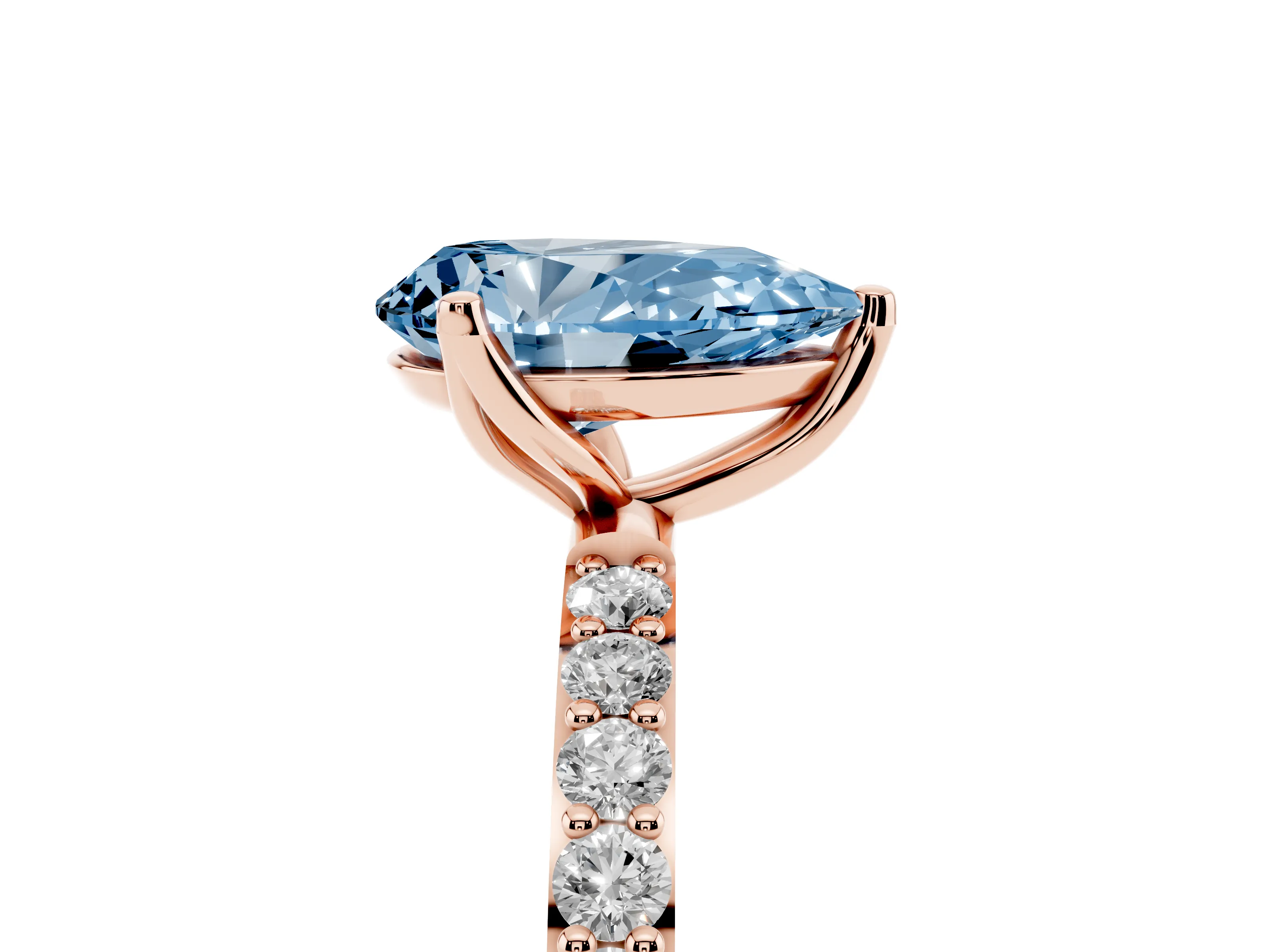 Fancy Blue Pear Cut Diamond Solitaire Engagement Ring Set in Rose gold with Round Pavé Band and Prong Setting