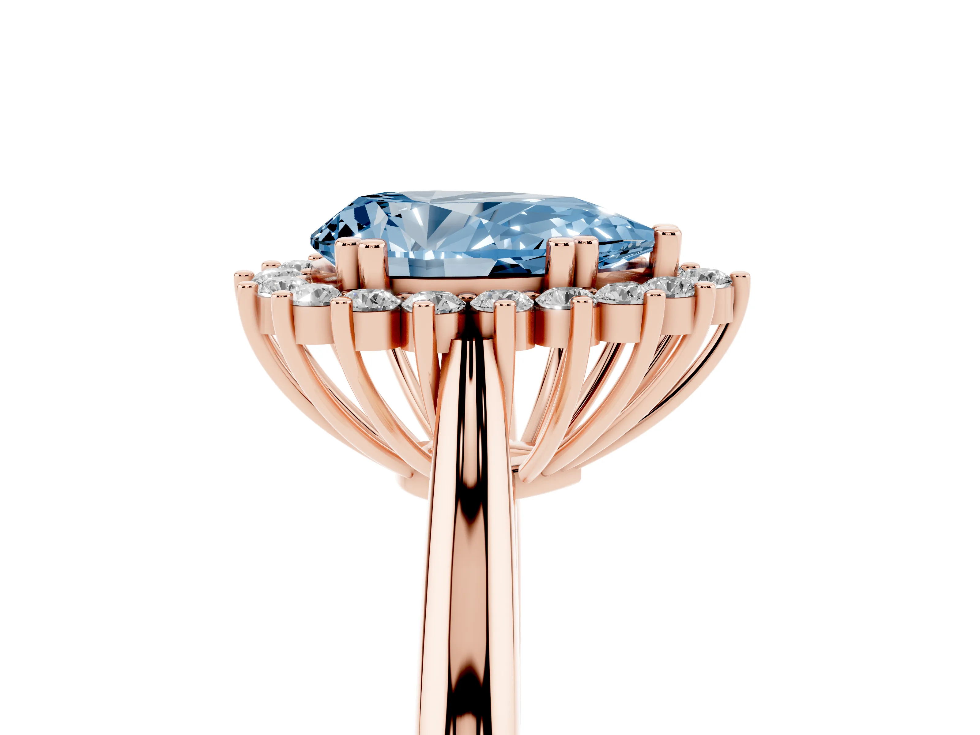 Fancy Blue Pear Cut Diamond Halo Ring Set in Rose gold with Plain Solitaire Band and Prong Setting