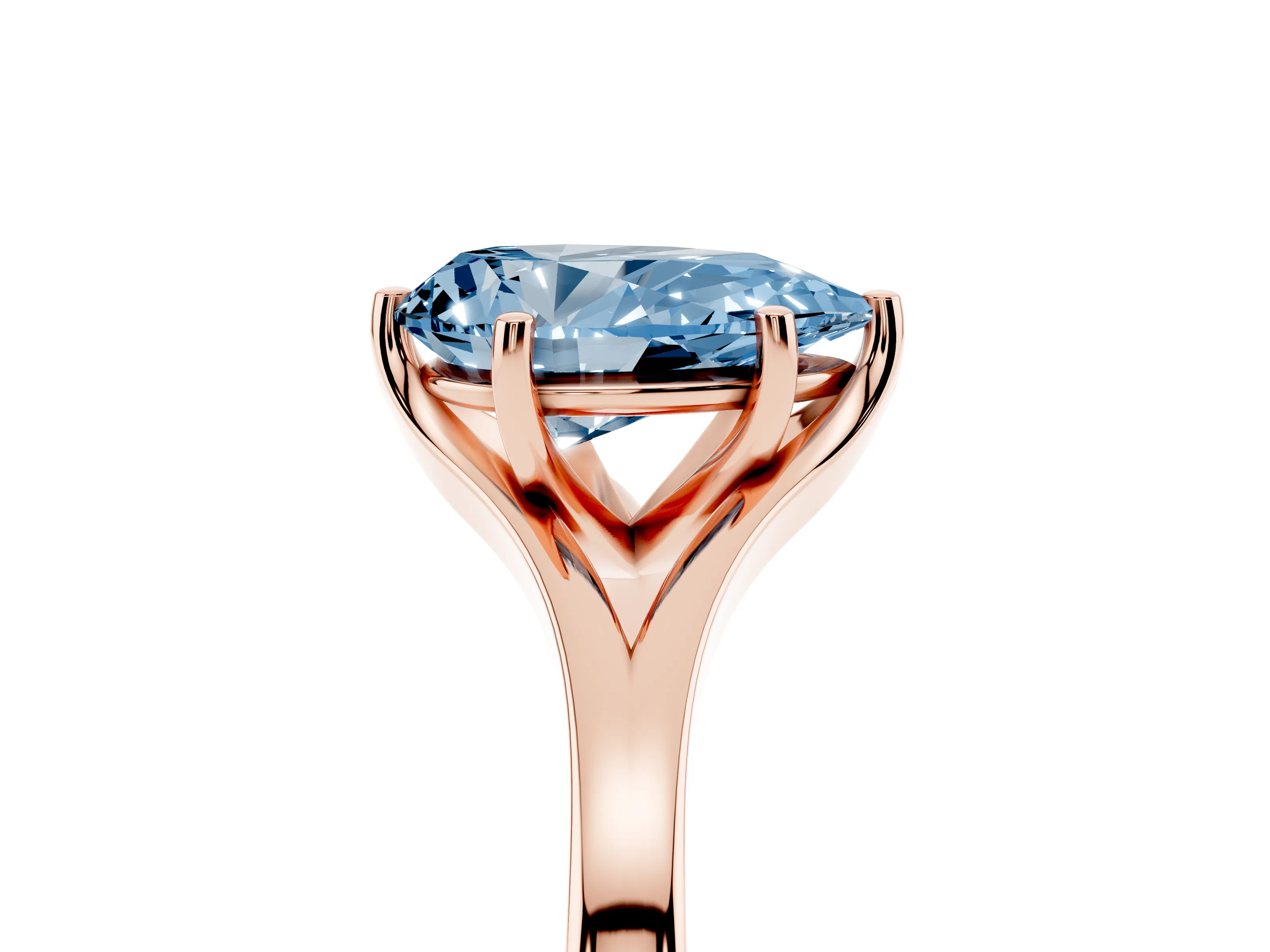 Fancy Blue Pear Cut Diamond Solitaire Ring Set in Rose gold with Polished Tapered Band and Prong Setting