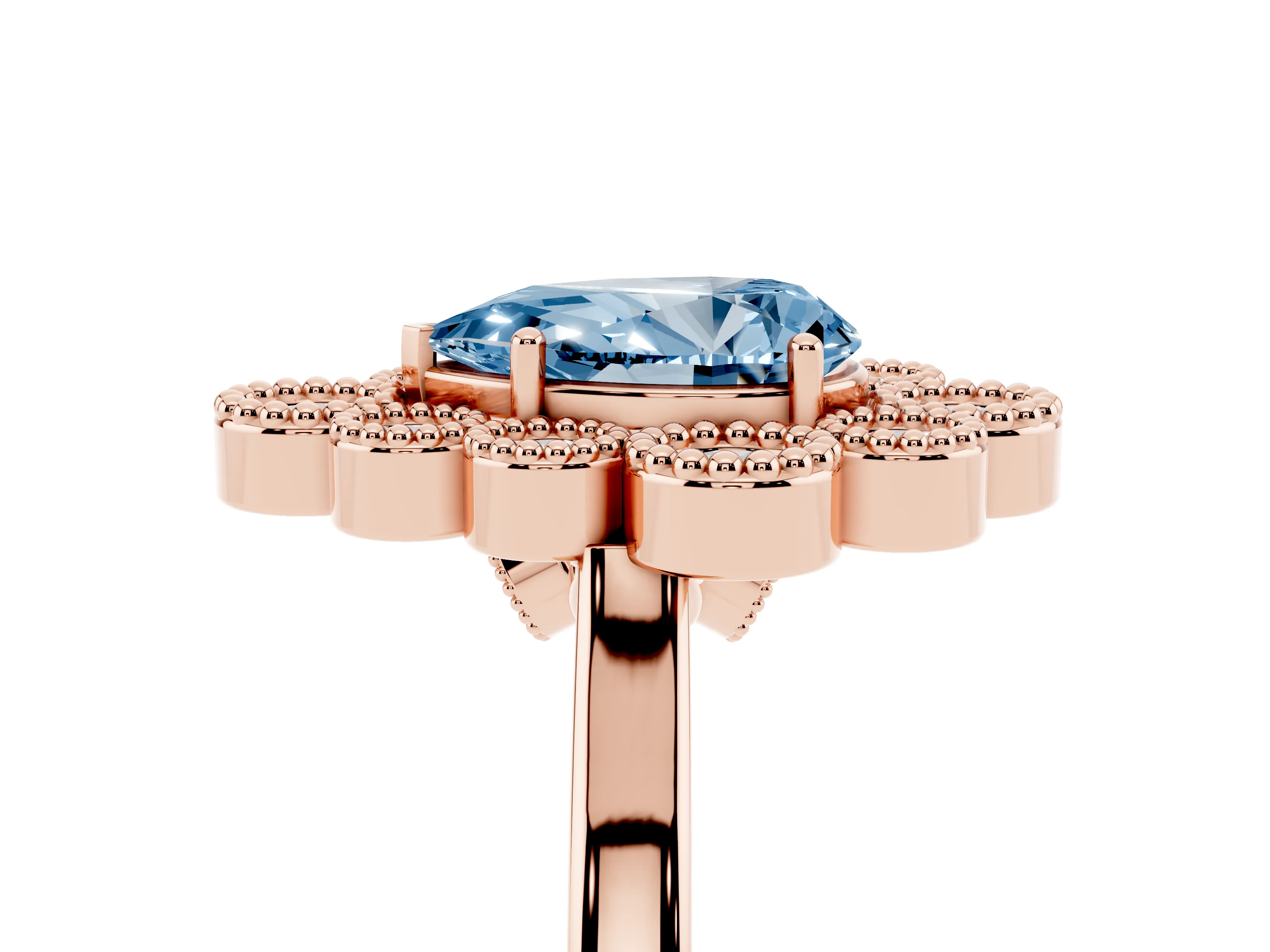 Fancy Blue Pear Cut Diamond Cluster Halo Ring Set in Rose gold with Milgrain Bezel Accents and Plain Band