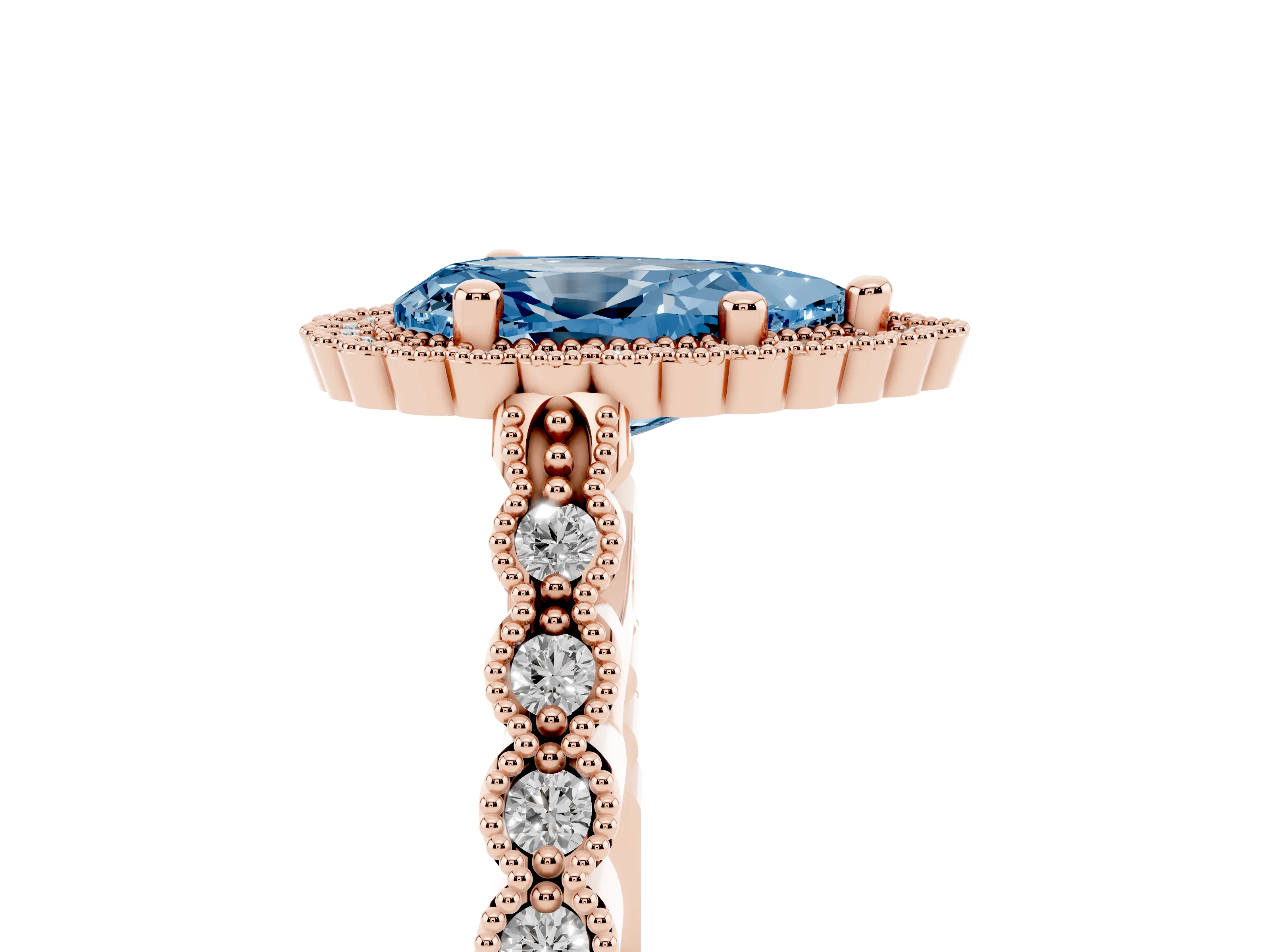 Fancy Blue Pear Cut Diamond Halo Ring Set in Rose gold with Pavé Milgrain Band