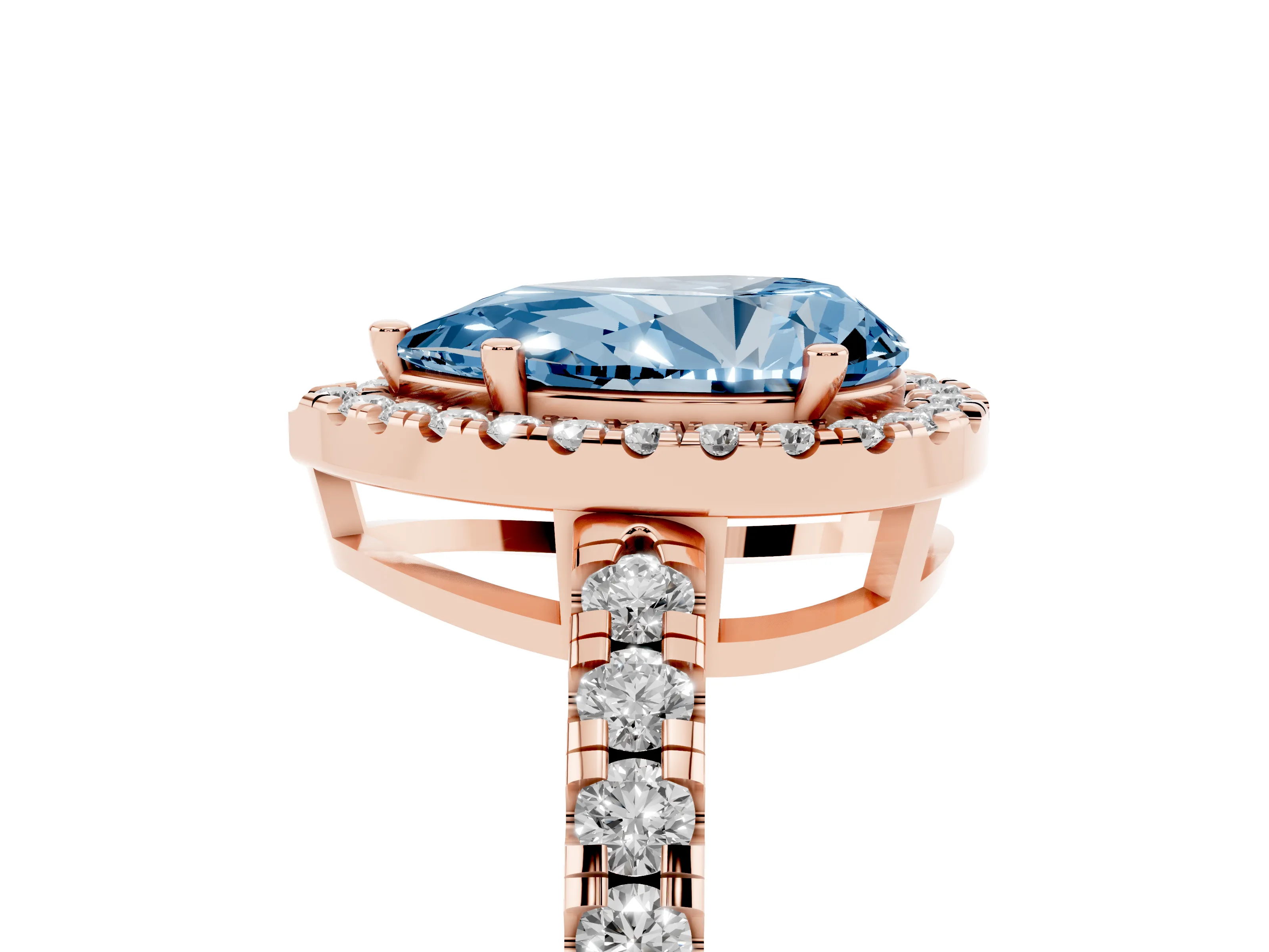 Fancy Blue Pear Cut Diamond Halo Ring Set in Rose gold with Delicate Pavé Band and Prong Setting