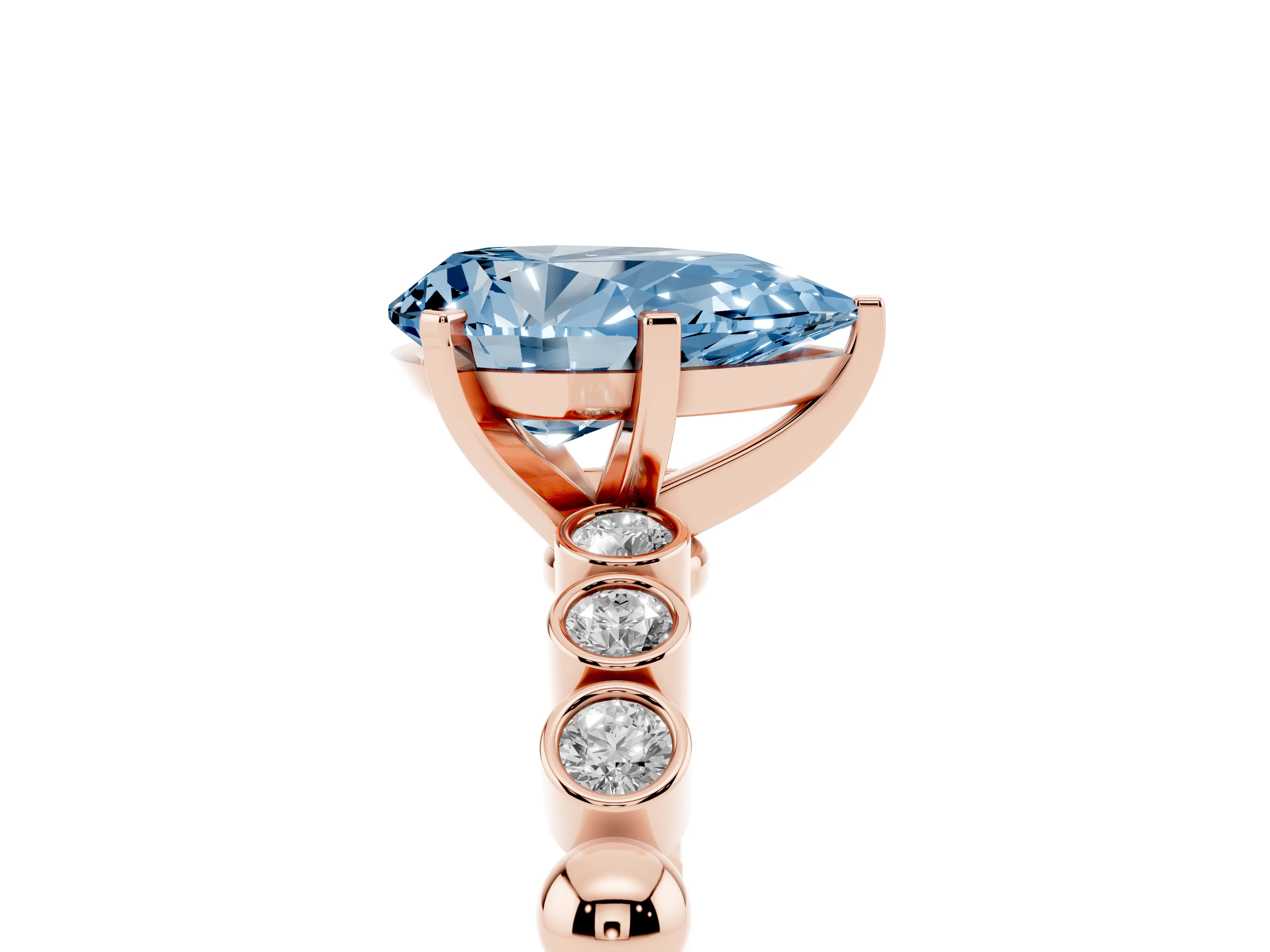Fancy Blue Pear Cut Diamond Solitaire Engagement Ring Set in Rose gold with Bezel Accents on Beaded Band