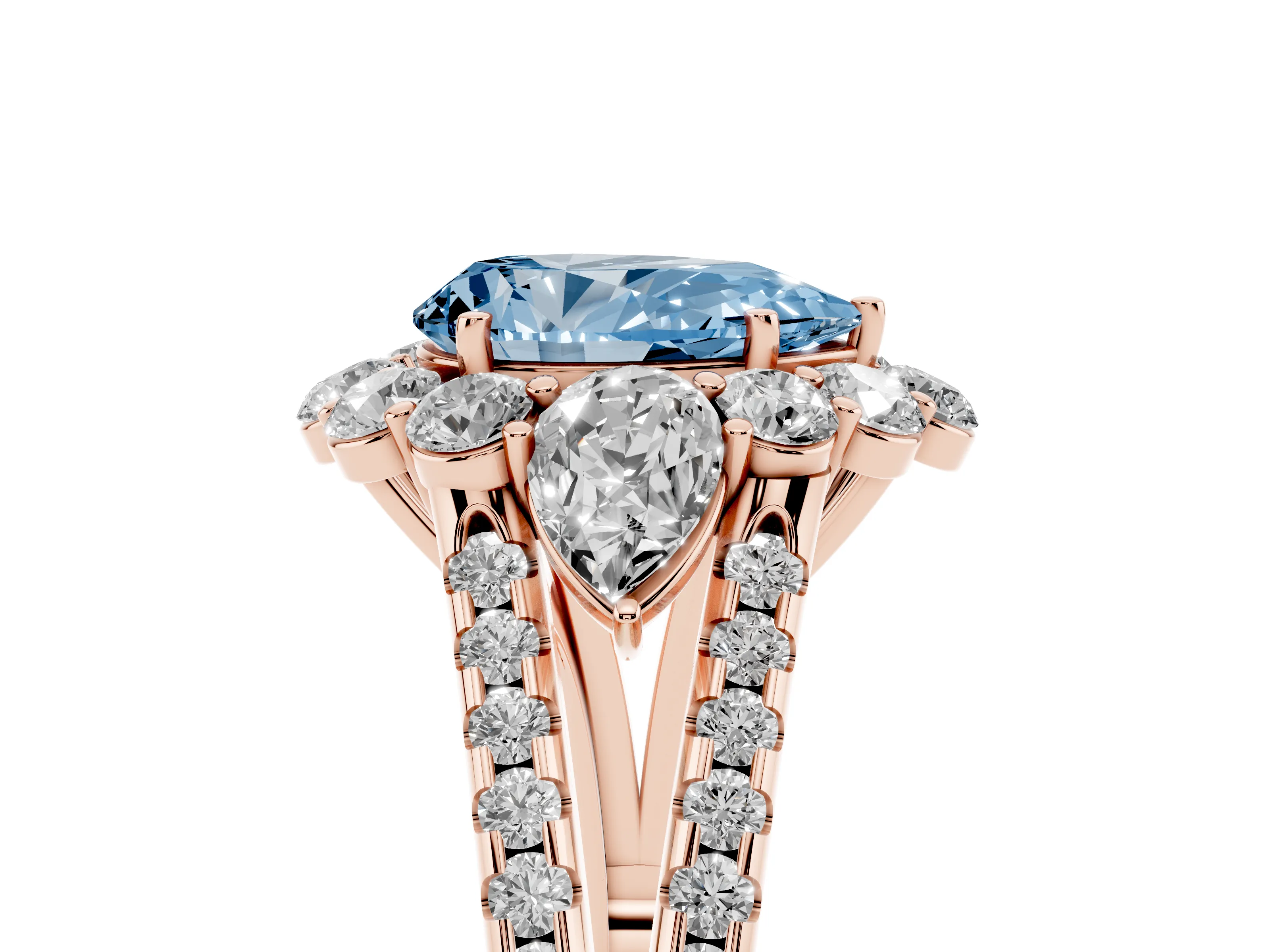 Fancy Blue Pear Cut Diamond Halo Split Shank Engagement Ring Set in Rose gold with Prong-Held Center Stone