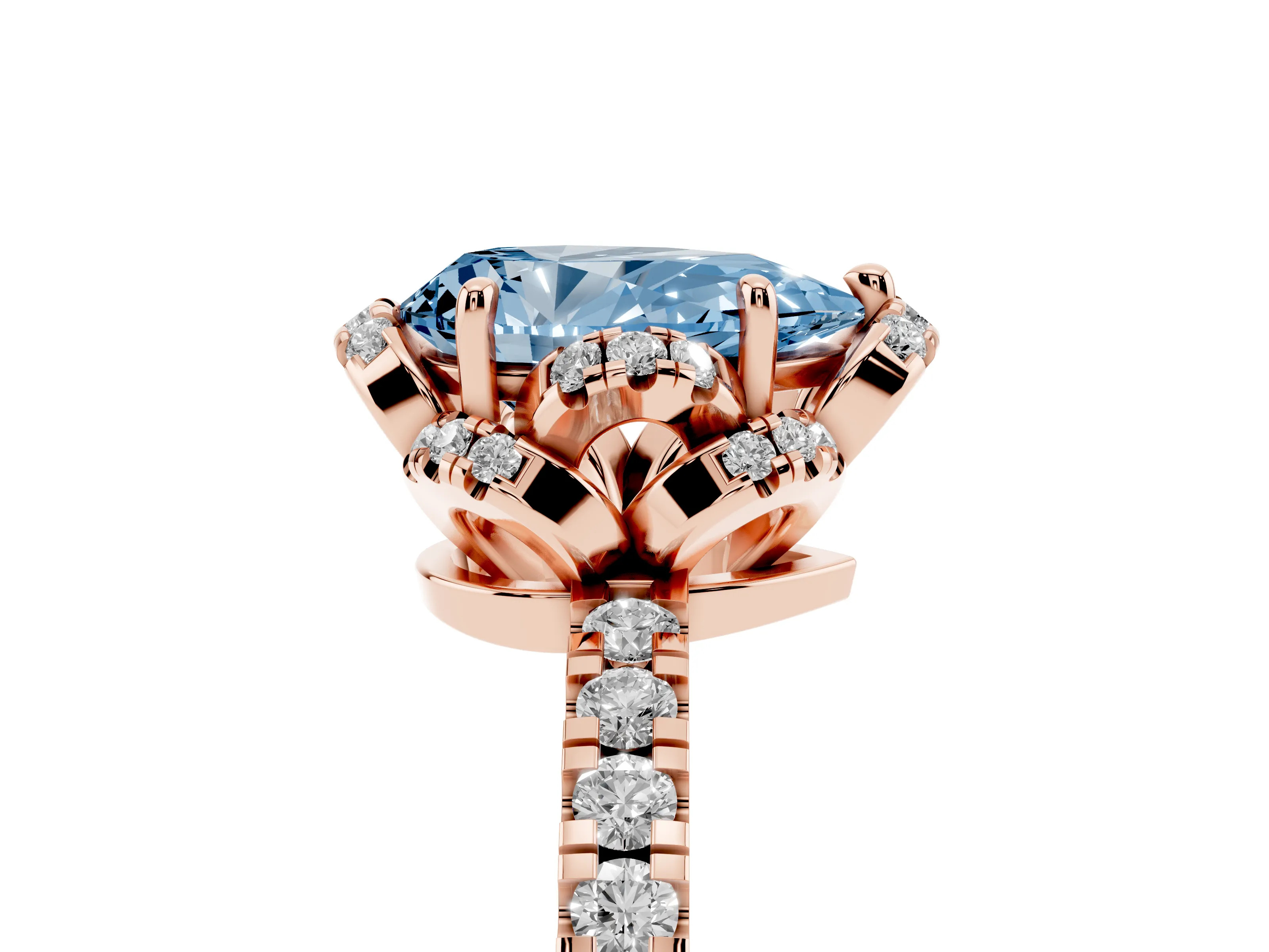 Fancy Blue Pear Cut Diamond Halo Pavé Band Ring Set in Rose gold with Prong-Held Center