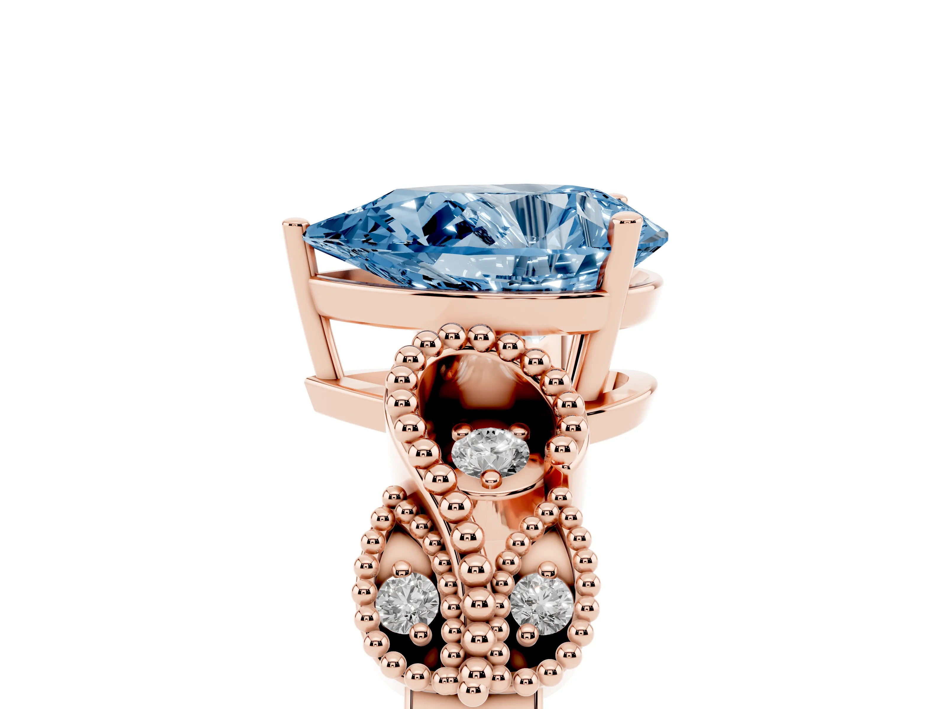 Fancy Blue Pear Cut Diamond Milgrain Leaf Band Solitaire Ring Set in Rose gold with Accent Stones and Prong Setting