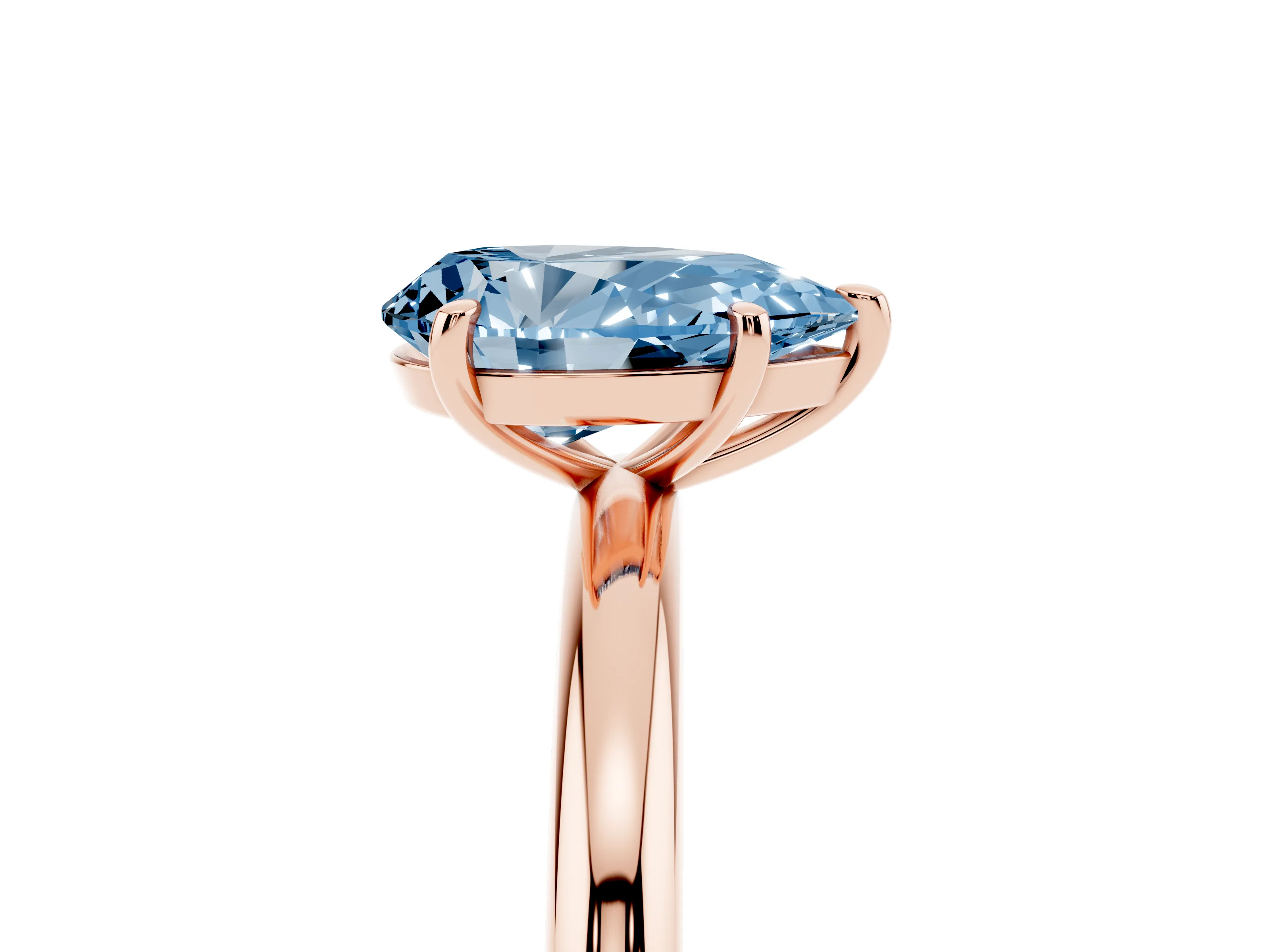 Fancy Blue Pear Cut Diamond Solitaire Ring Set in Rose gold with Prong Setting on a Polished Plain Band