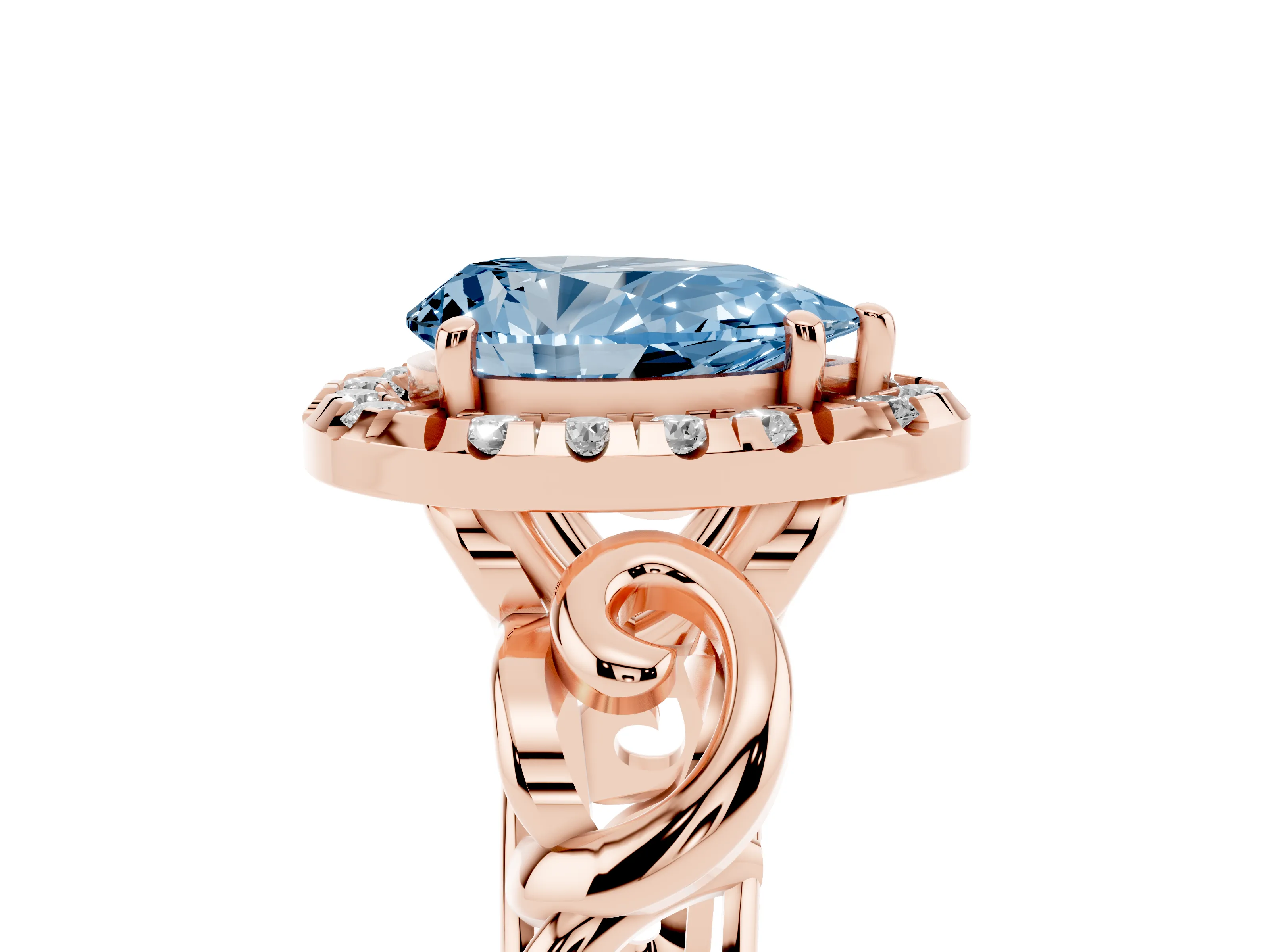 Fancy Blue Pear Cut Diamond Halo Ring Set in Rose gold with Scrollwork Band and Prong Setting