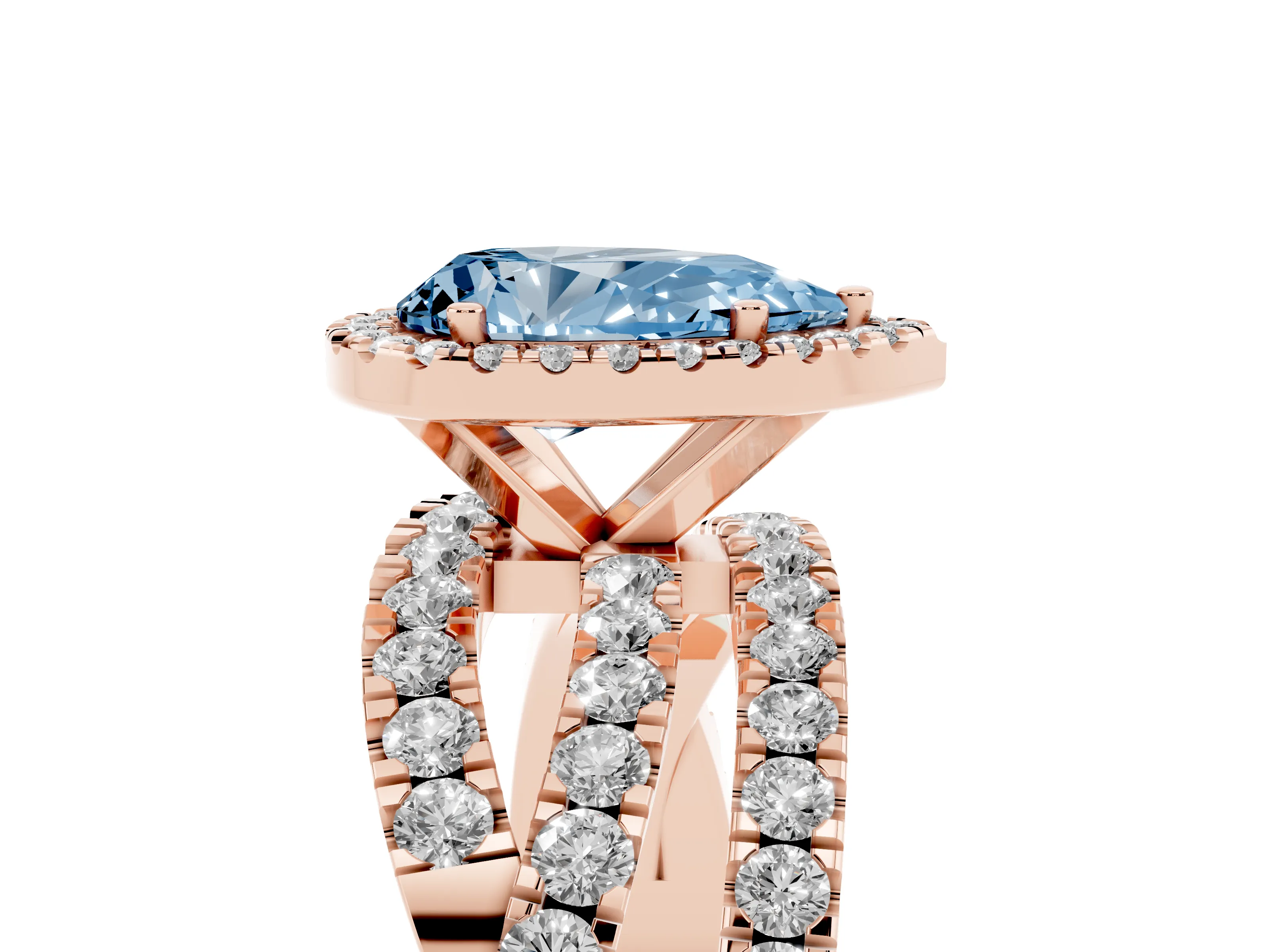 Fancy Blue Pear Cut Diamond Halo Ring Set in Rose gold with Round Crossover Split Shank and Prong Setting