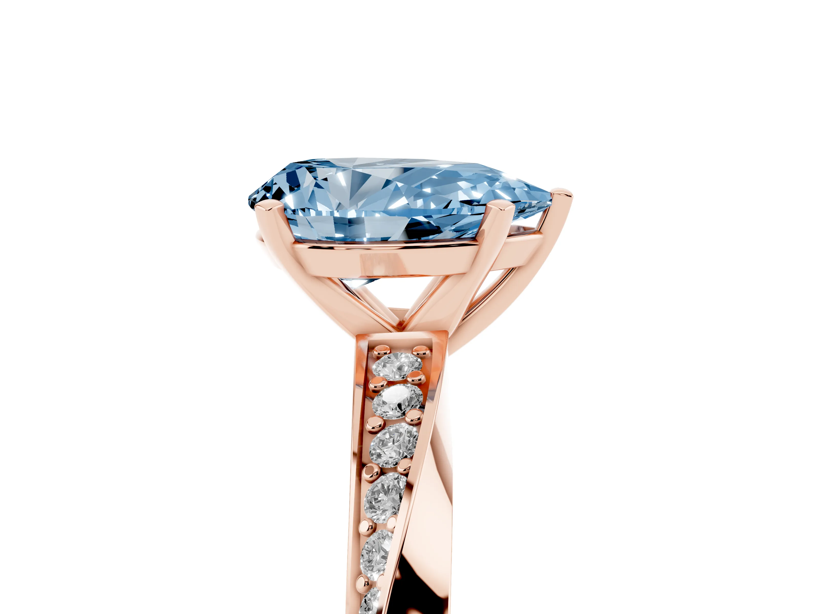 Fancy Blue Pear Cut Diamond Engagement Ring Set in Rose gold with Side Stone Accents and Prong Setting