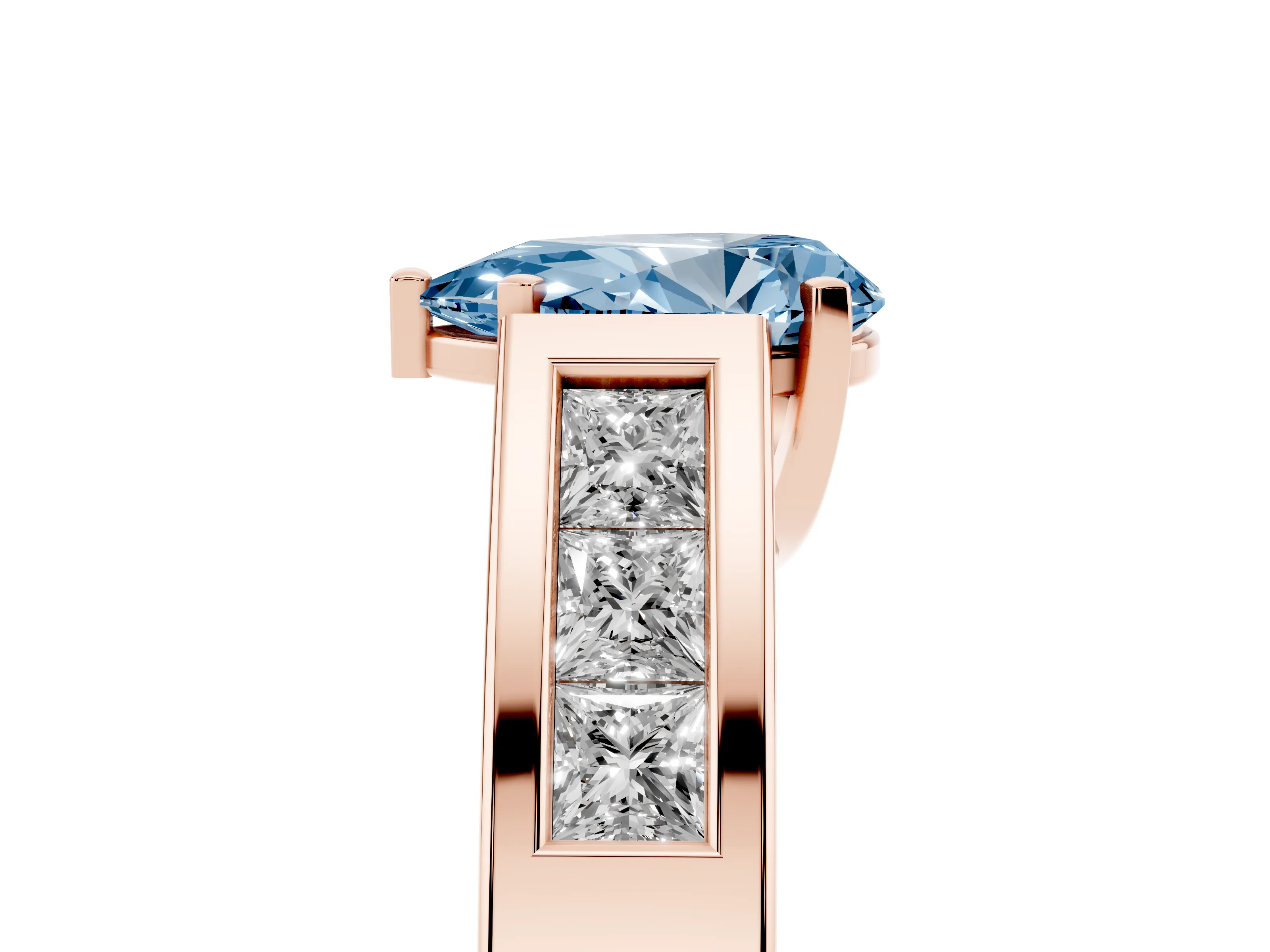 Fancy Blue Pear Cut Diamond Solitaire Ring Set in Rose gold with Channel-Set Accent Stones and Prong Setting