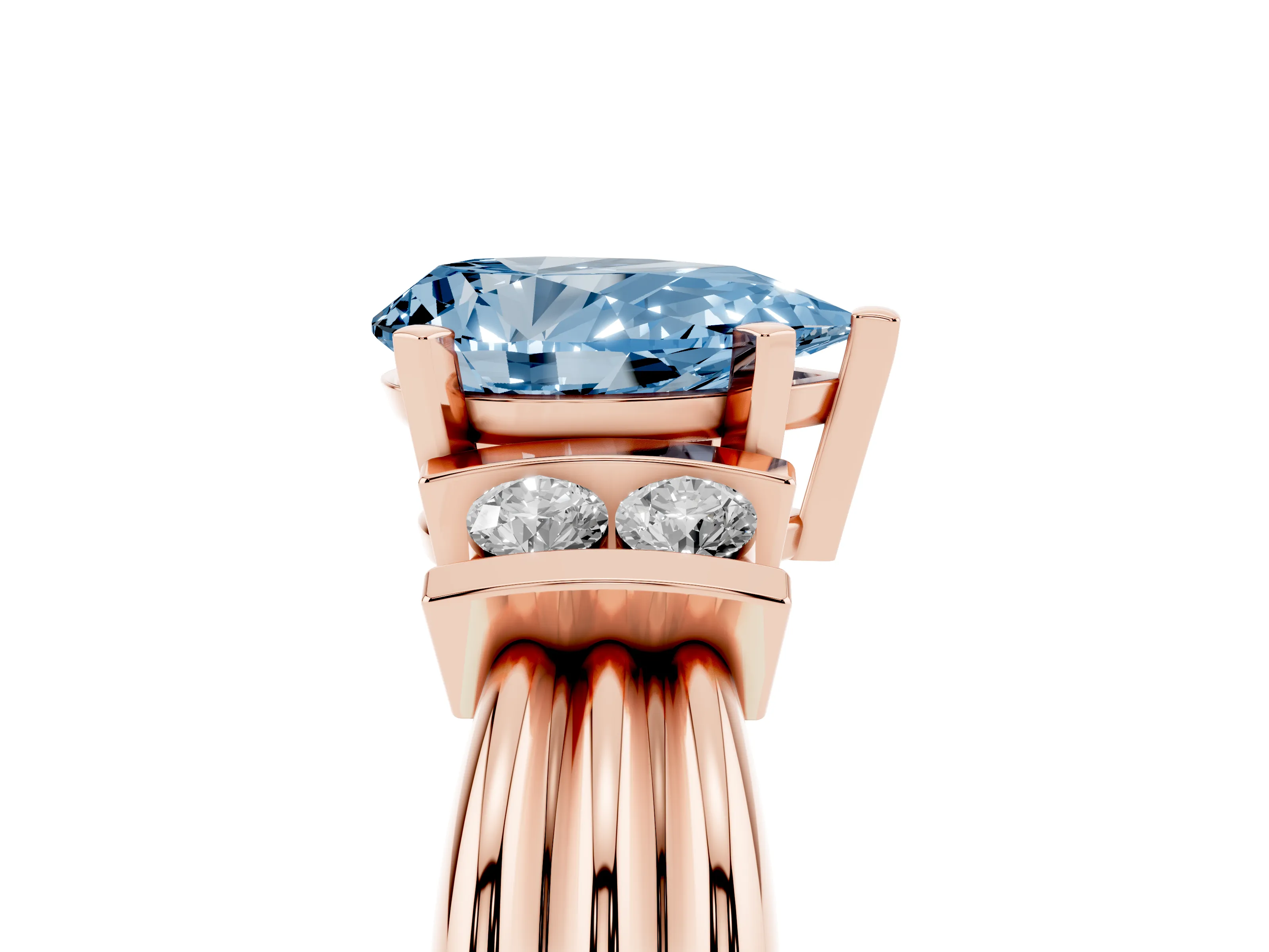 Fancy Blue Three-Stone Pear Cut Diamond Channel Set Ring Set in Rose gold with Bar Prongs