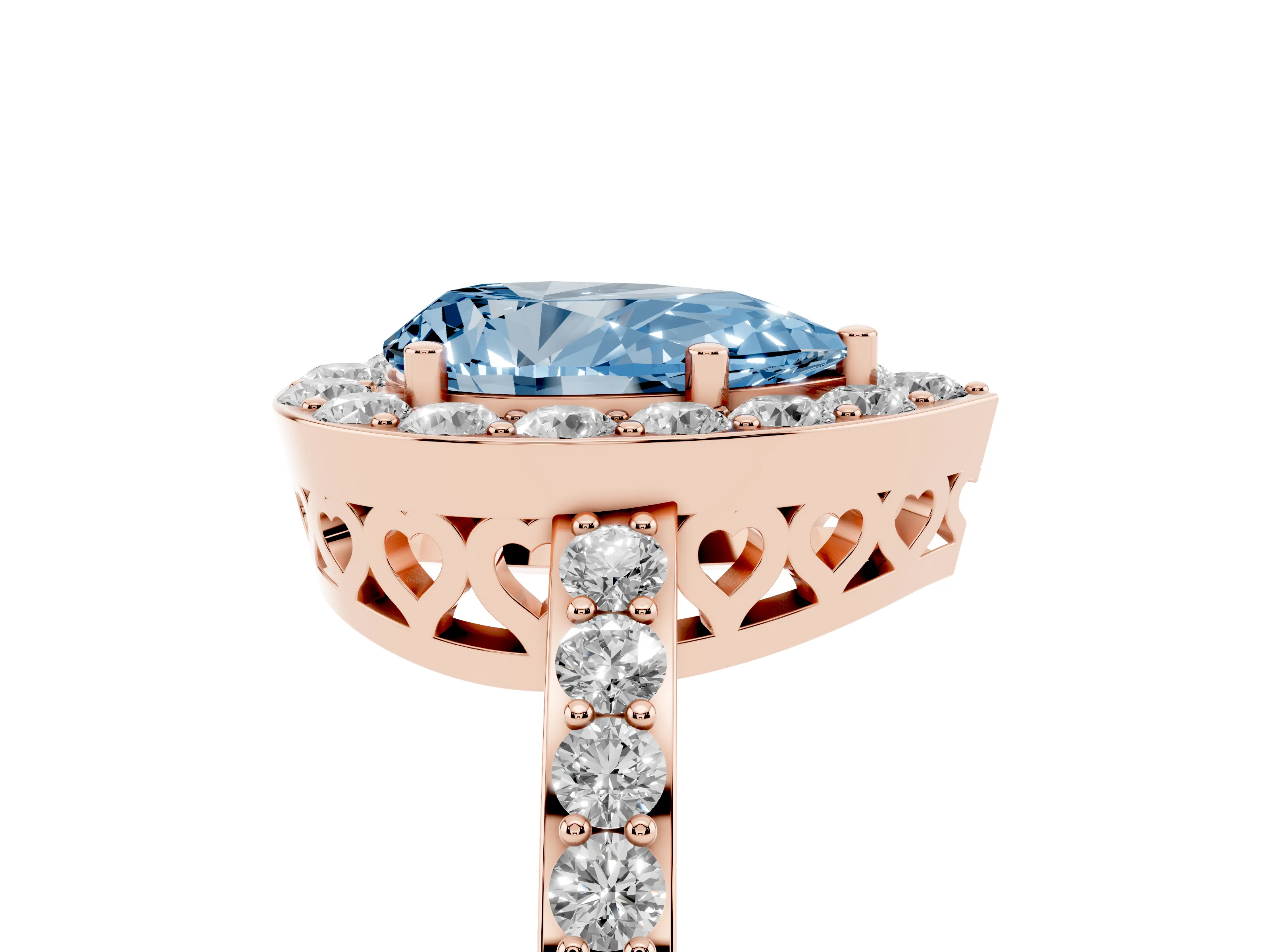 Fancy Blue Pear Cut Diamond Halo Ring Set in Rose gold with Pavé-Setting Band and Open Prong Center