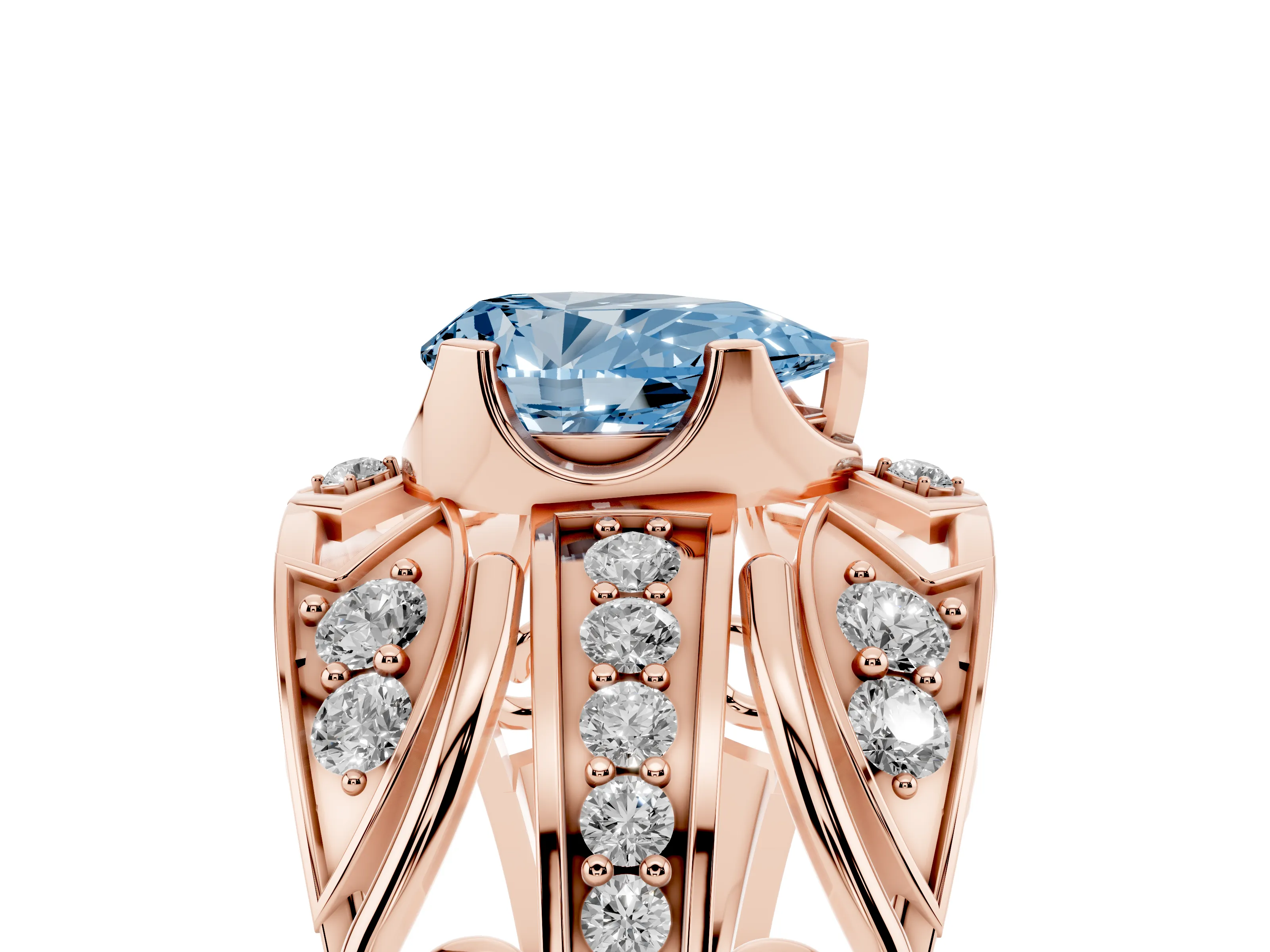 Fancy Blue Pear Cut Diamond Art Deco Ring Set in Rose gold with Pavé Split Shank