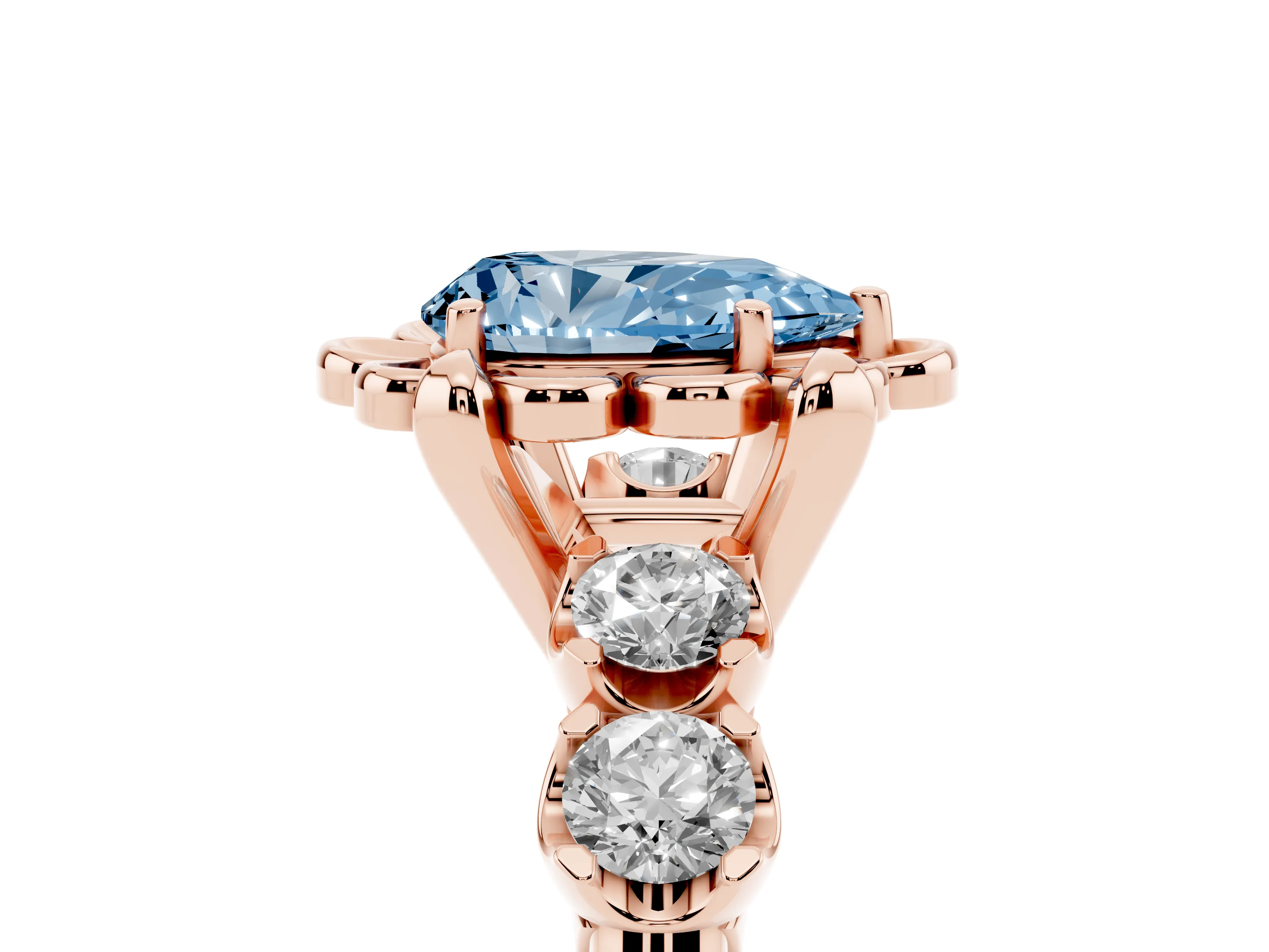 Fancy Blue Pear Cut Diamond Floral Halo Ring Set in Rose gold with Shared Prong Band