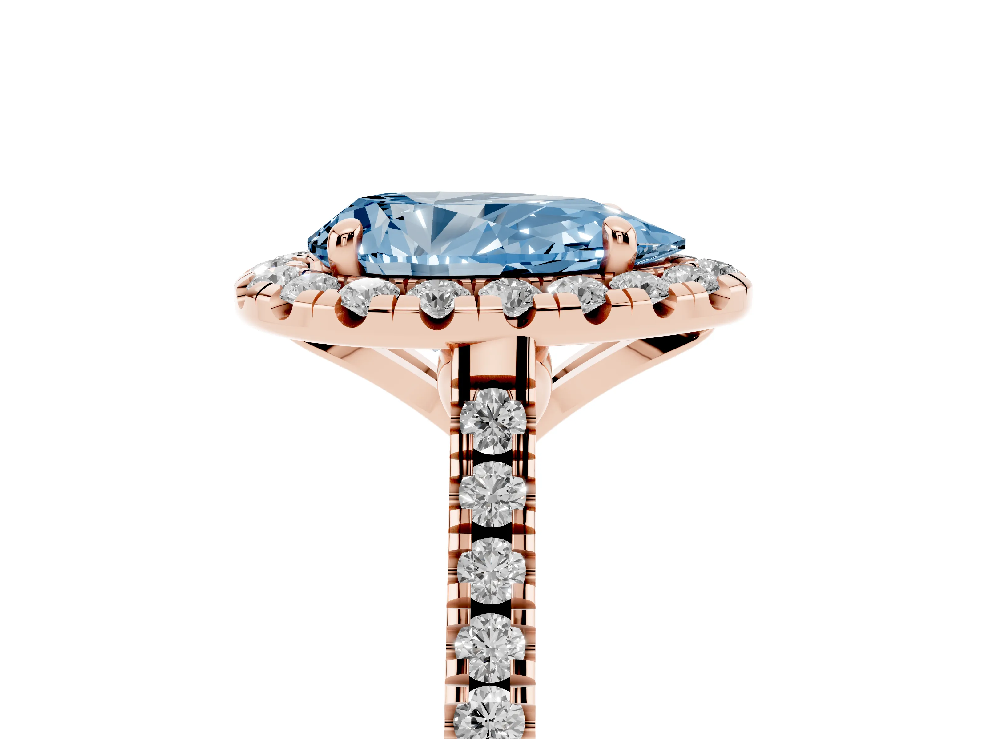 Fancy Blue Pear Cut Diamond Cushion Halo Ring Set in Rose gold with Pavé Band