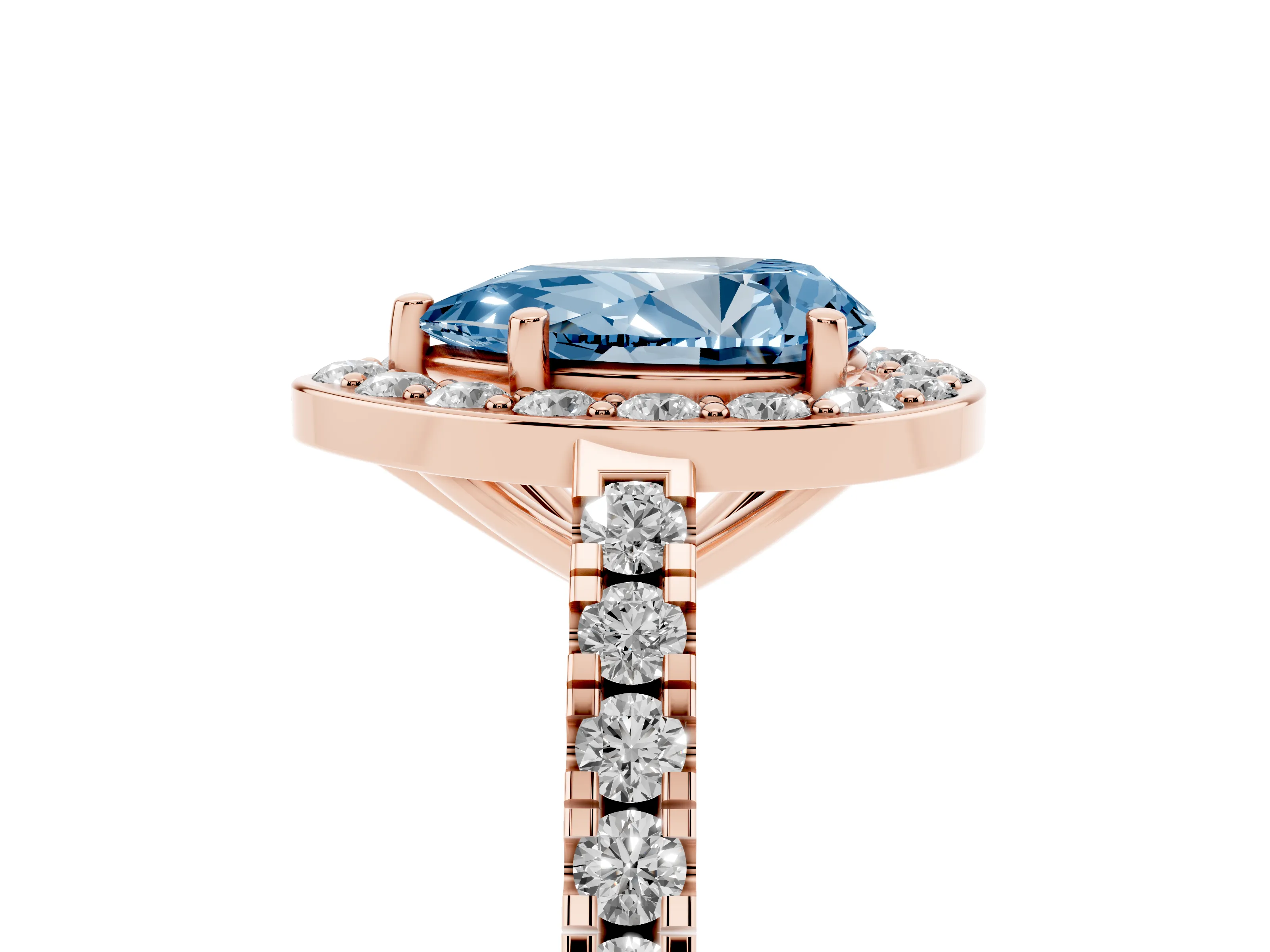 Fancy Blue Pear Cut Diamond Halo Ring Set in Rose gold with Round Pavé Split Shank and Prong Setting