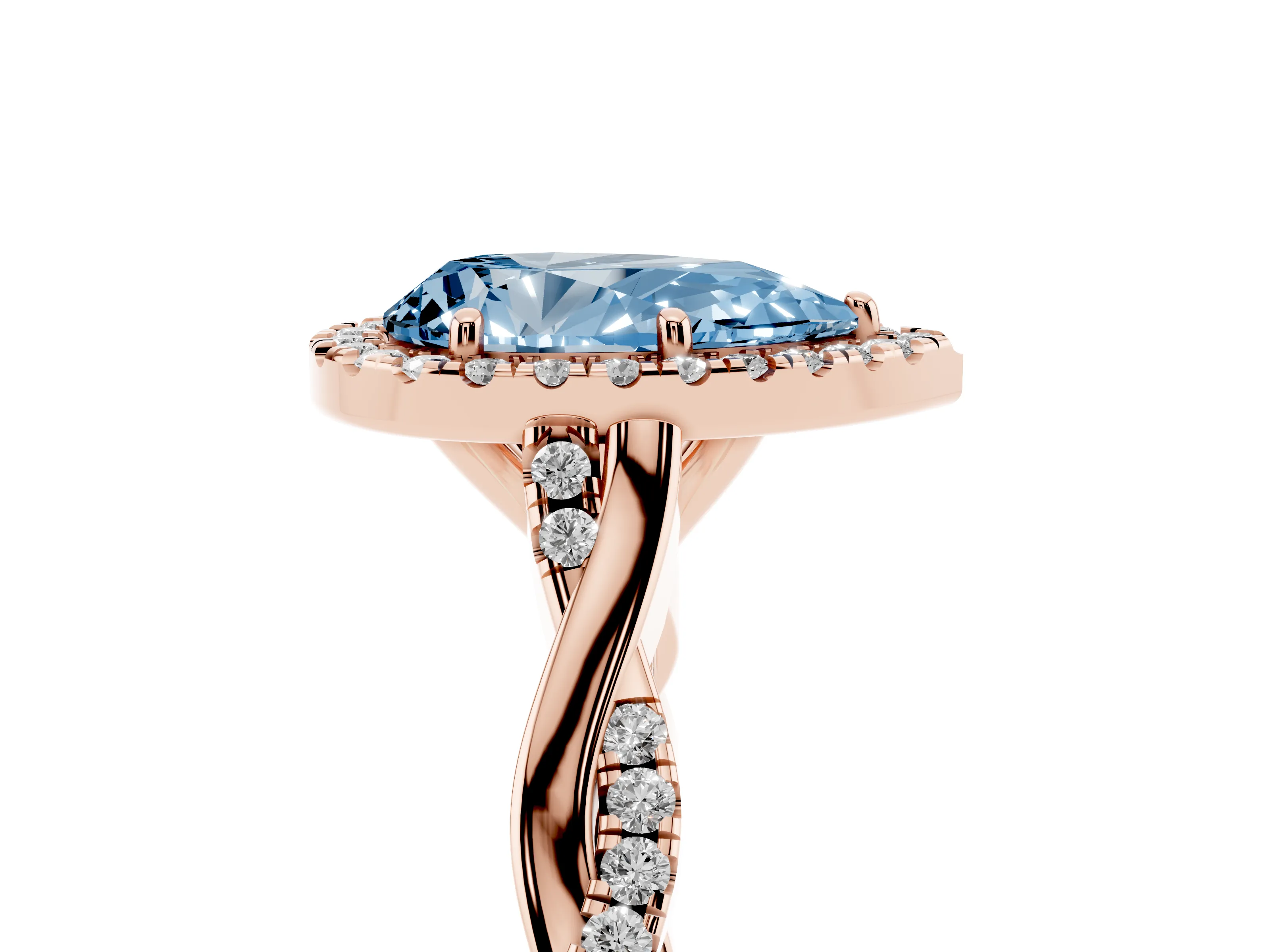 Fancy Blue Pear Cut Diamond Halo Twist Band Solitaire Ring Set in Rose gold with Prong Setting
