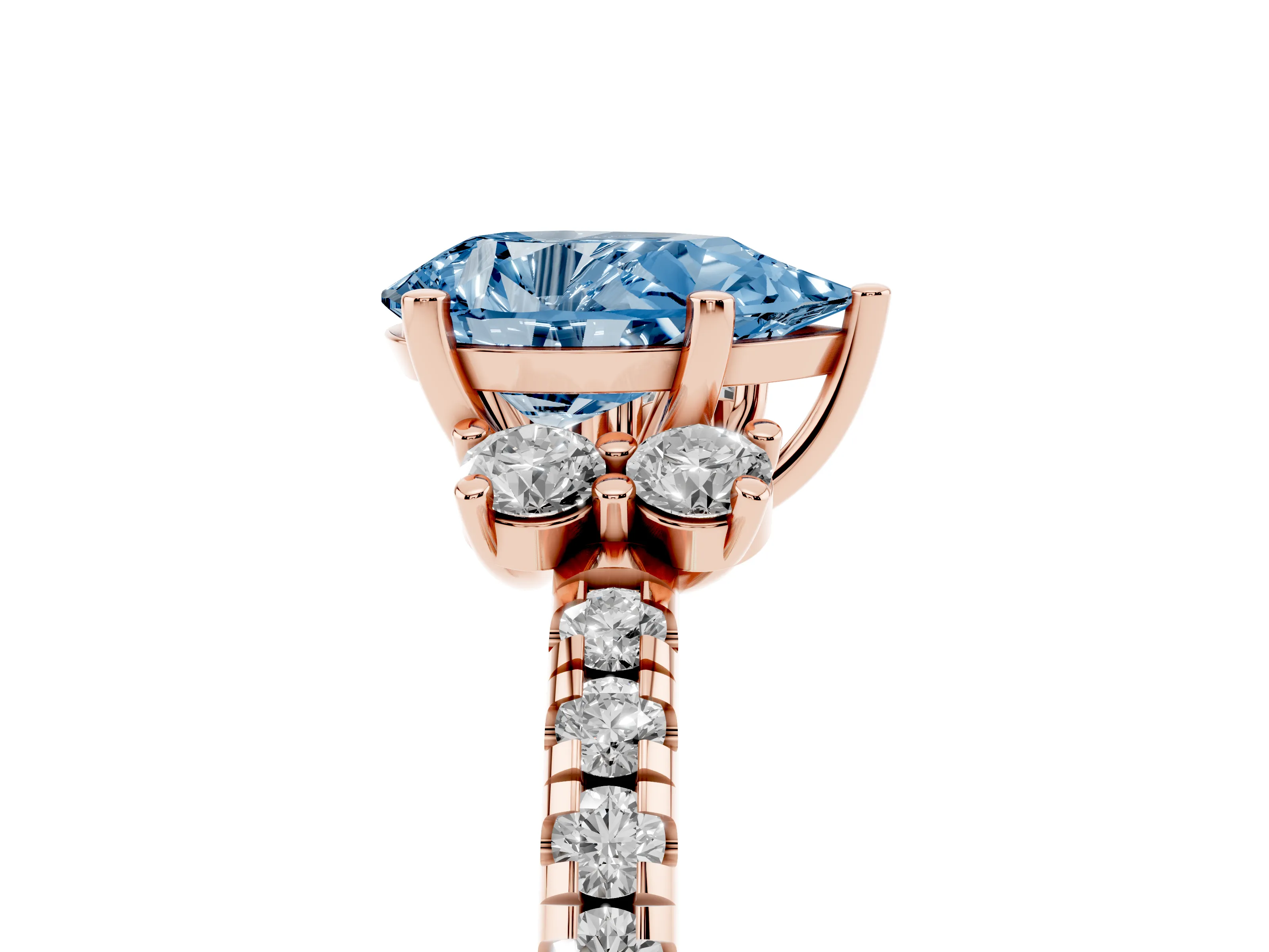 Fancy Blue Pear Cut Diamond Three-Stone Pavé Ring Set in Rose gold with Prong Setting