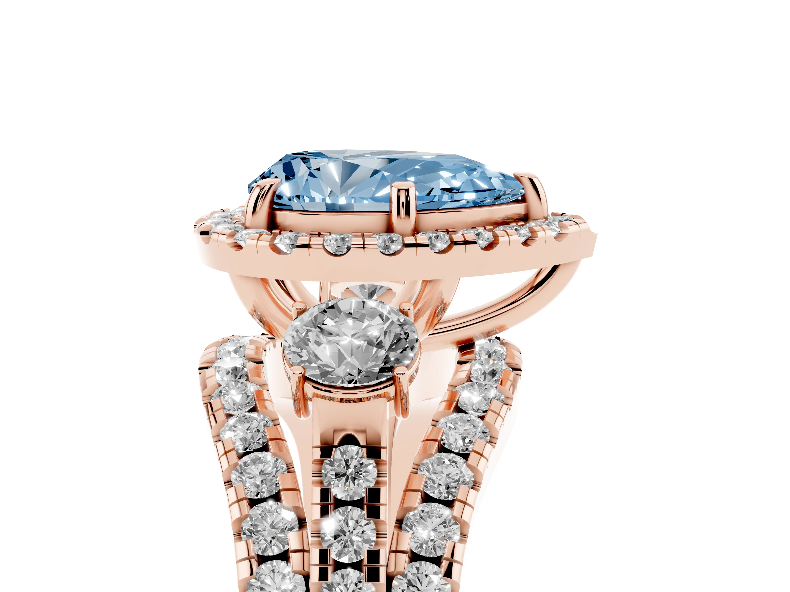 Fancy Blue Pear Cut Diamond Halo Split Shank Ring Set in Rose gold with Round Accent Stones and Prong Setting