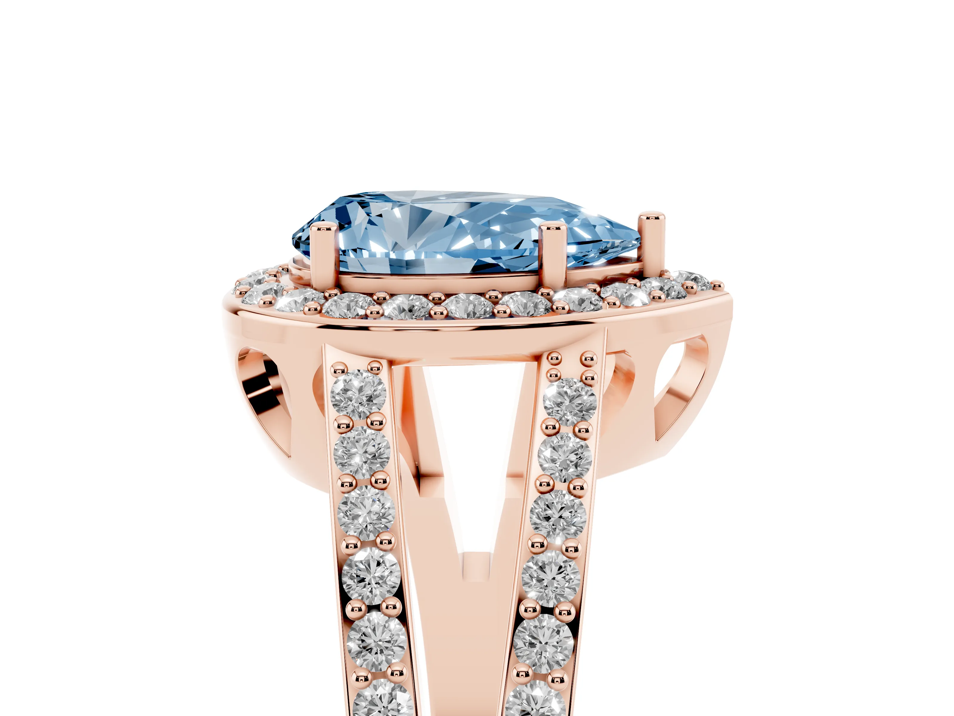 Fancy Blue Pear Cut Diamond Halo Ring Set in Rose gold with U-Prong Split Shank and Prong Setting