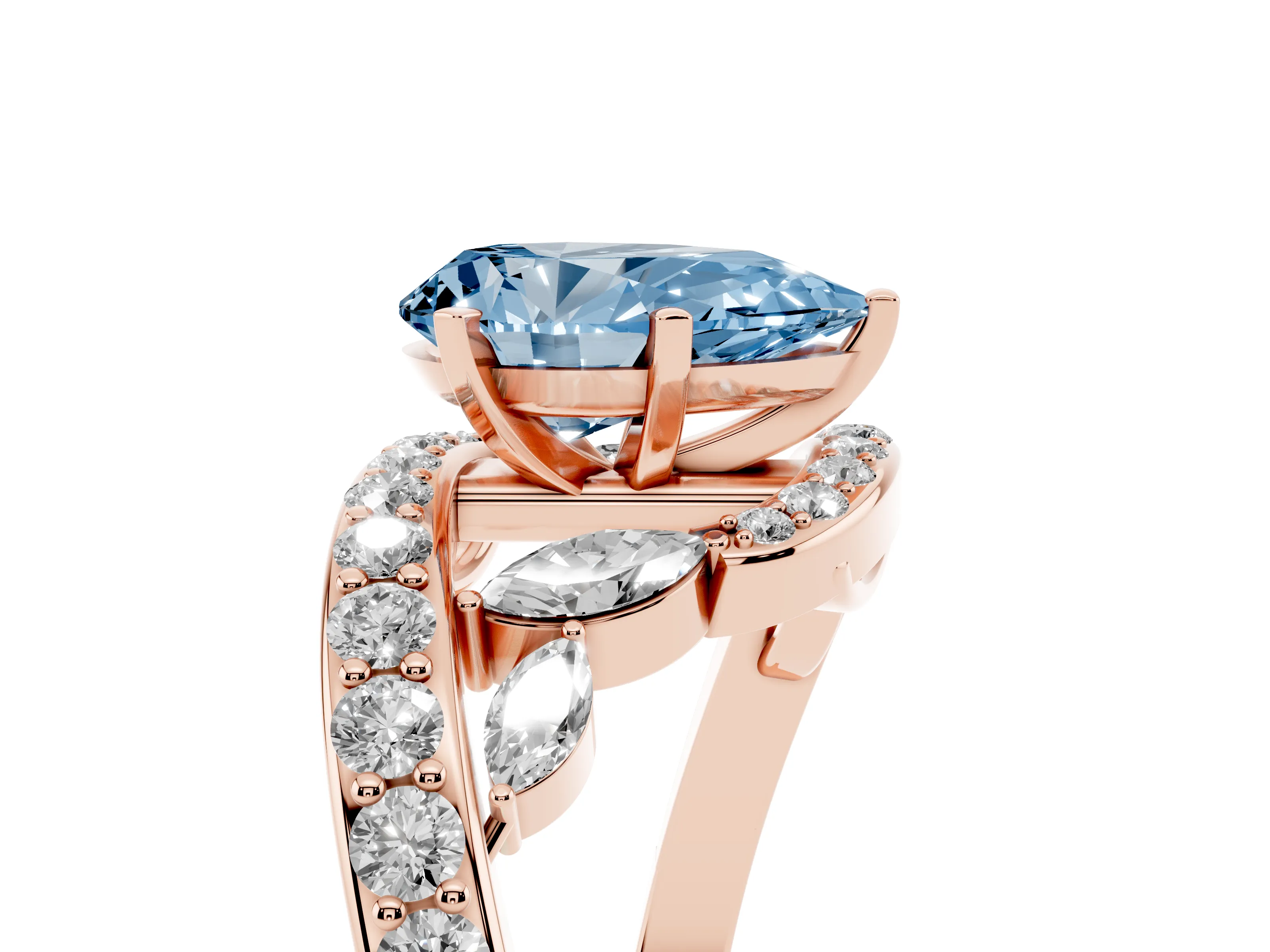 Fancy Blue Pear Cut Diamond Solitaire Ring Set in Rose gold with Pavé Twist Band and Secure Prong Setting