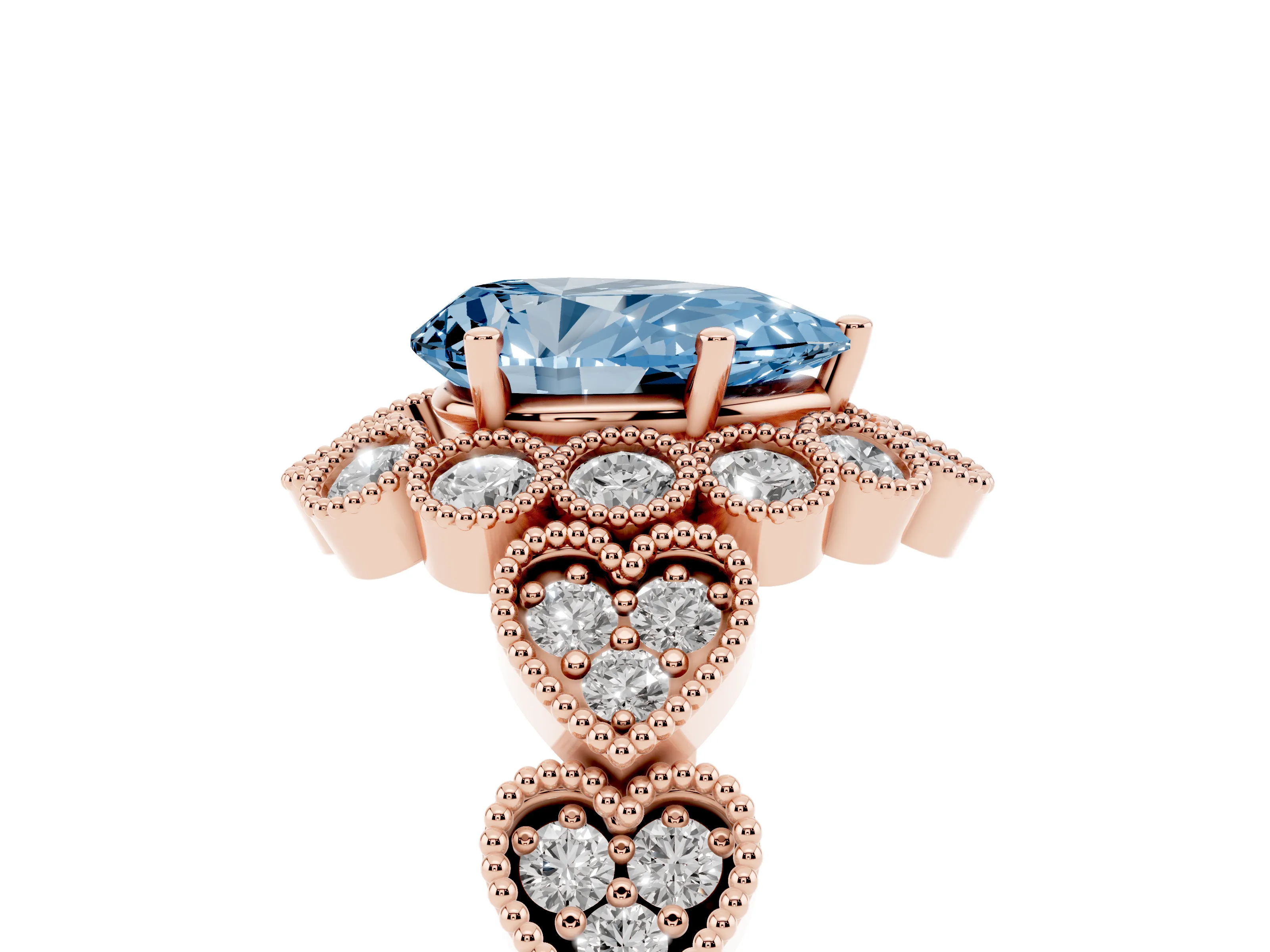 Fancy Blue Pear Cut Diamond Solitaire Ring Set in Rose gold with Milgrain Pavé Heart Band