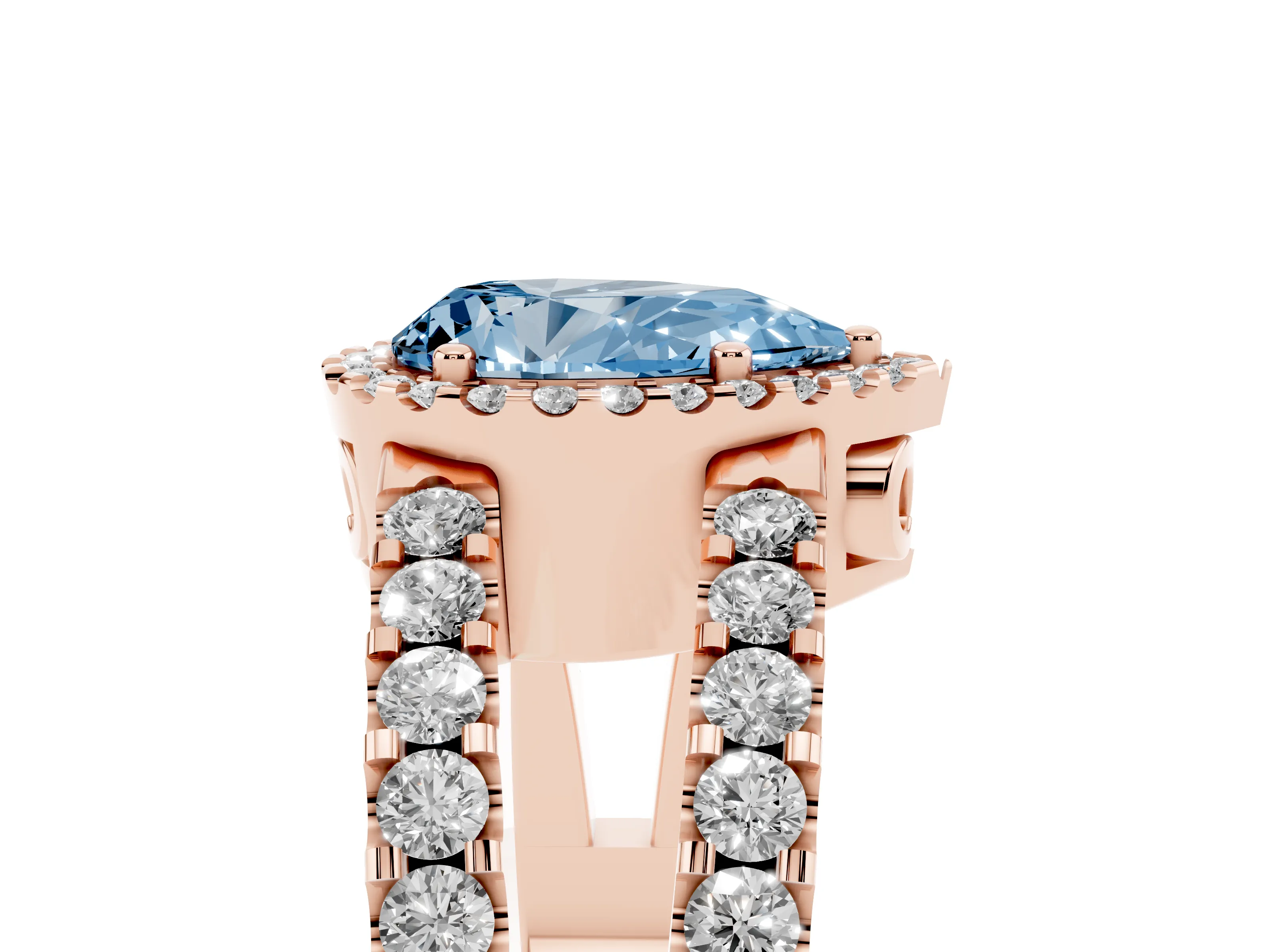Fancy Blue Pear Cut Diamond Halo Ring Set in Rose gold with Pavé Split Shank and Prong Setting