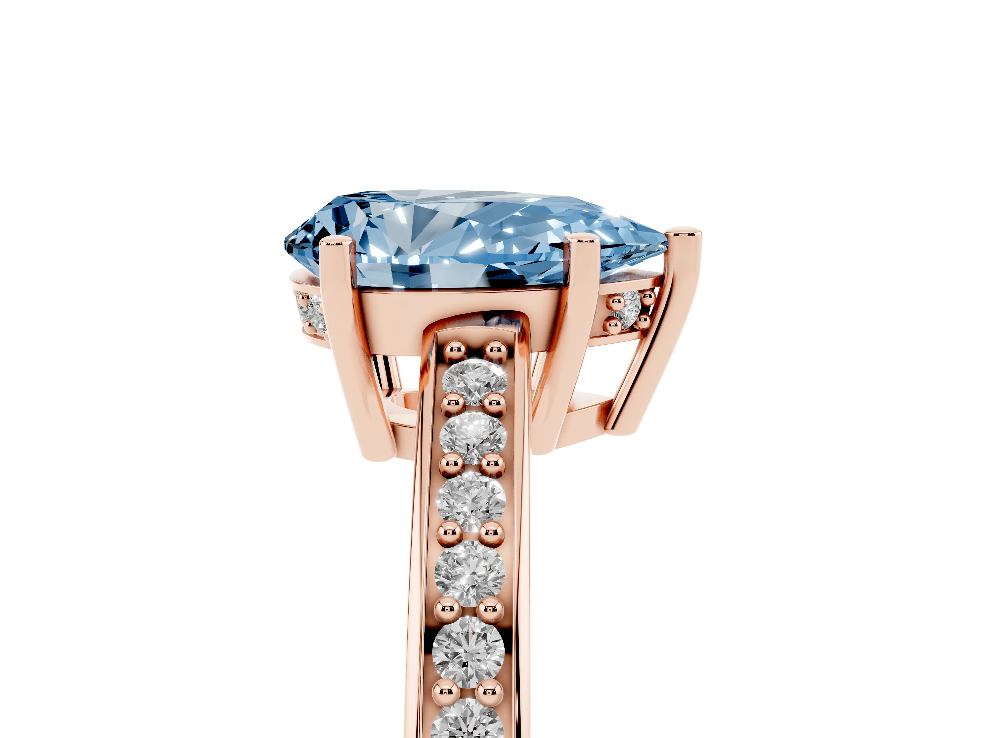 Fancy Blue Pear Cut Diamond Pavé Band Prong Set Solitaire Ring Set in Rose gold